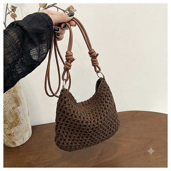 Alilang Women's Woven Net Shoulder Bag with Long Strap and Zipper Closure