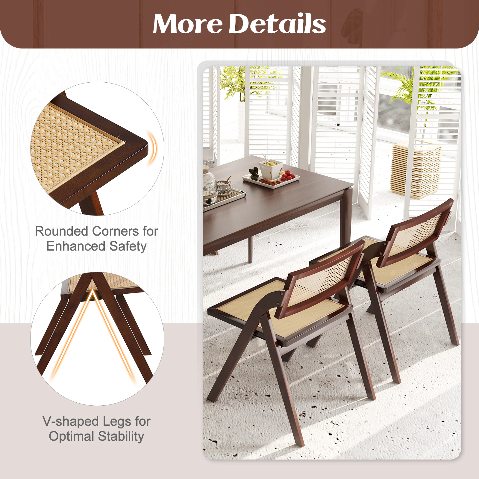 LJG Foldable Dining Chairs Set of 2 with Woven Rattan Backrest
