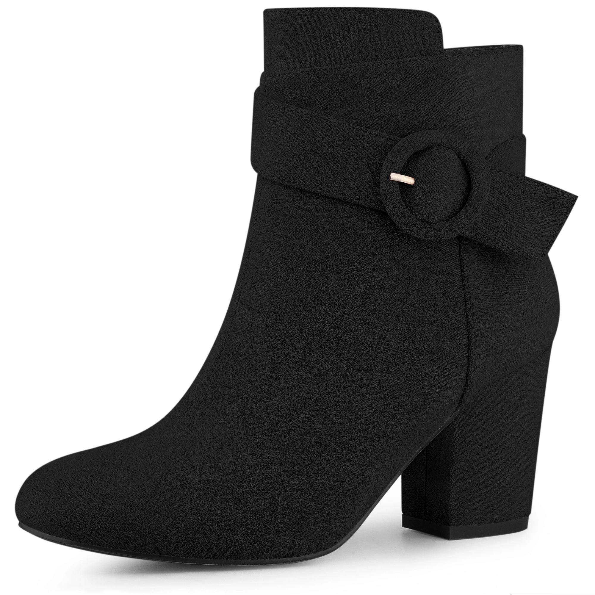 BLISSFUL STEP Women Faux Suede Chunky Heel Round Toe Side Zip Buckle Ankle Boots