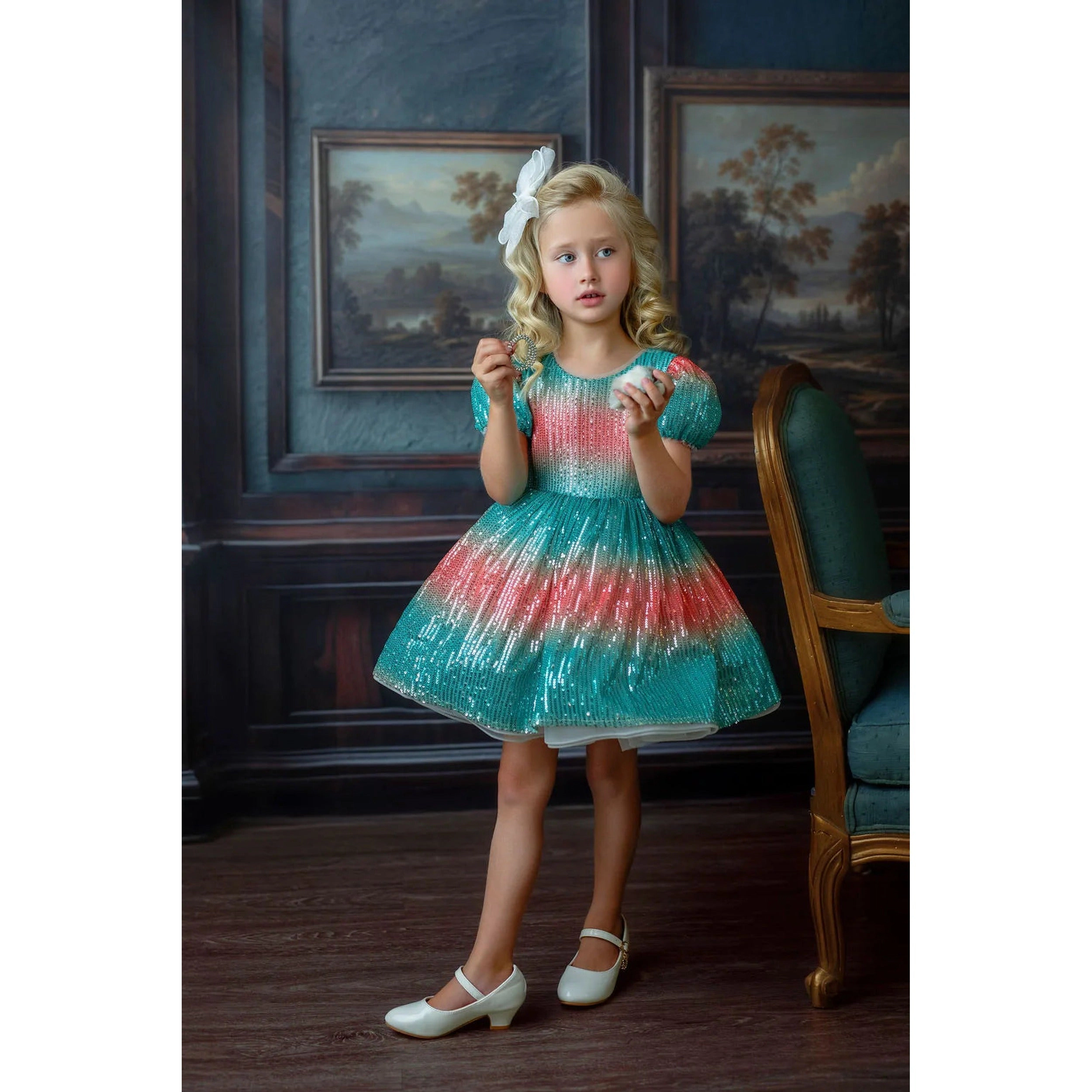 Faeella Girls Aqua Sunset Sparkle Sequin Birthday Dress