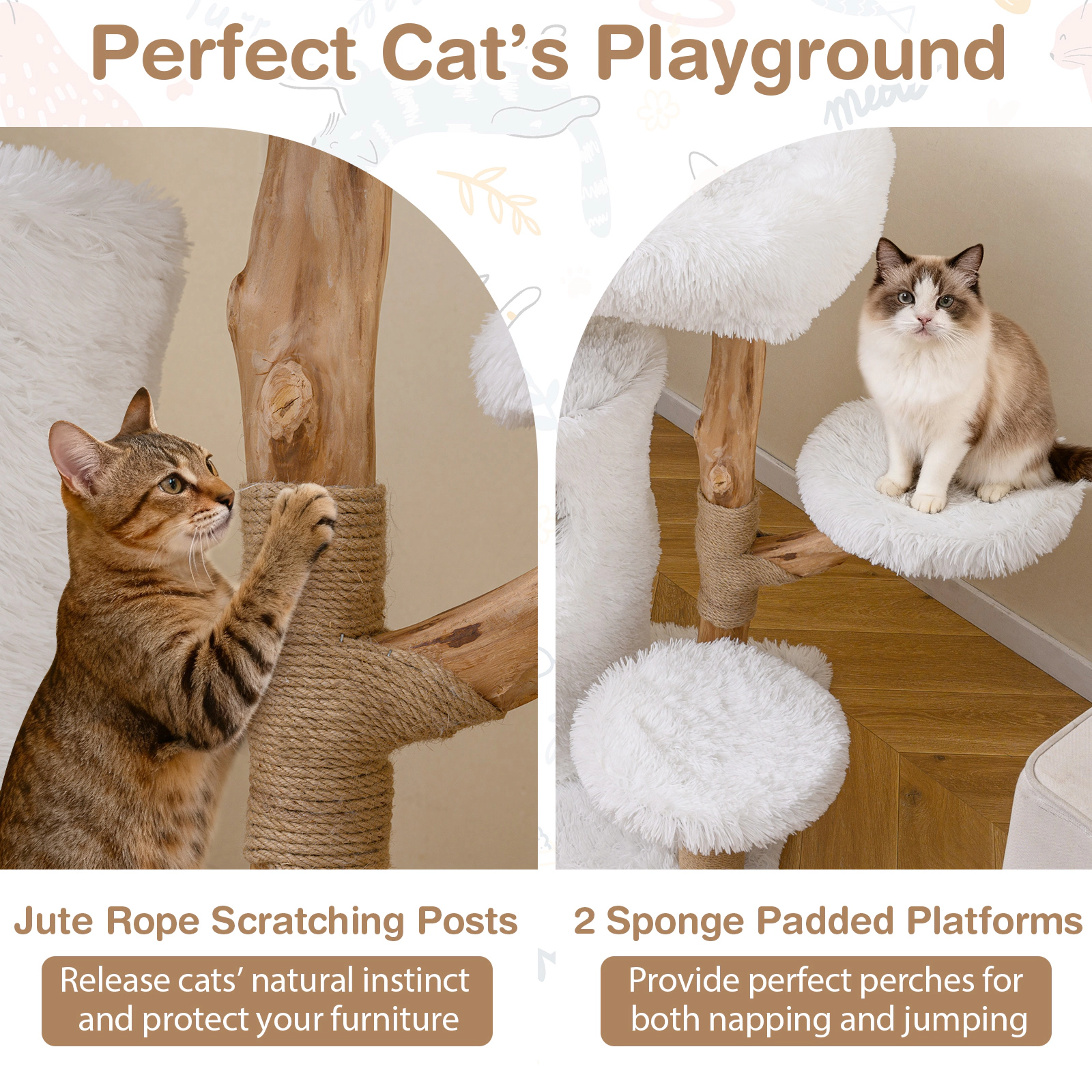 SUGIFT Modern 30.5-in Cat Tree Tower with Pear Wood Branches and Condos 33-lb Capacity White+Natural