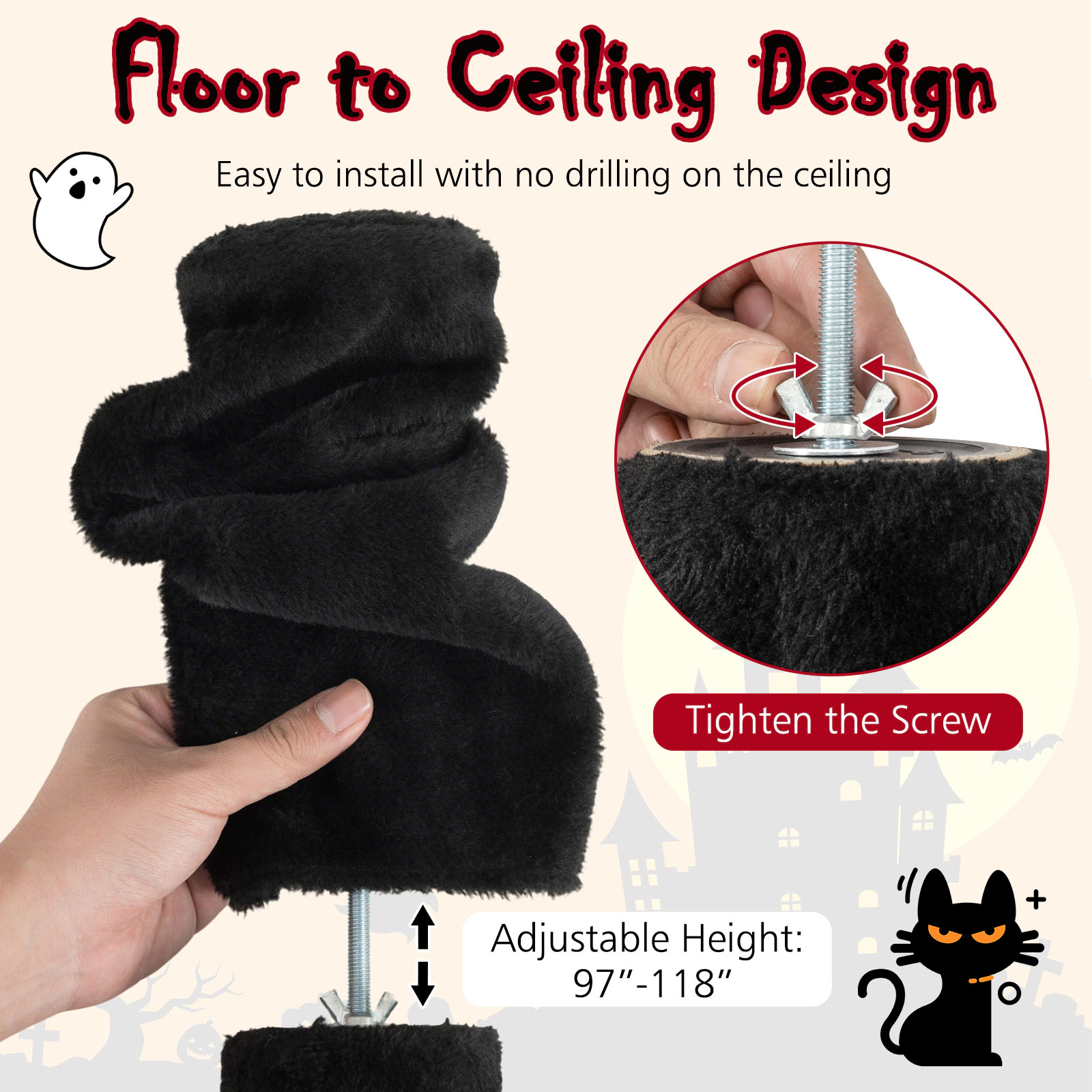 SUGIFT Adjustable Floor to Ceiling Gothic Cat Tree 97-118-in Tall 5-Tier Condo 22-lb Layers Red+Black