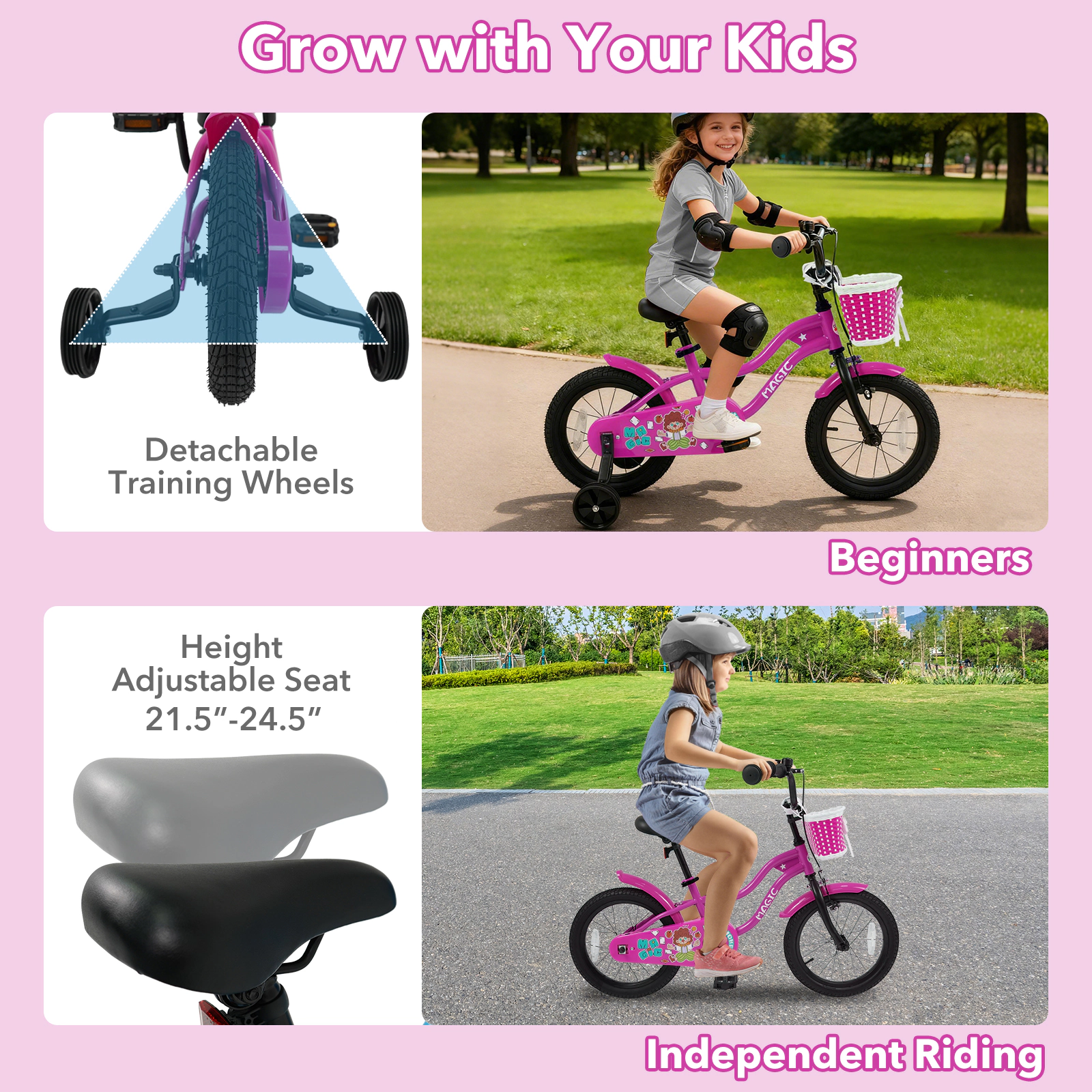 SUGIFT 12-in Rose Kids Bike with Detachable Training Wheels and Adjustable Saddle 110-lb Seat Capacity