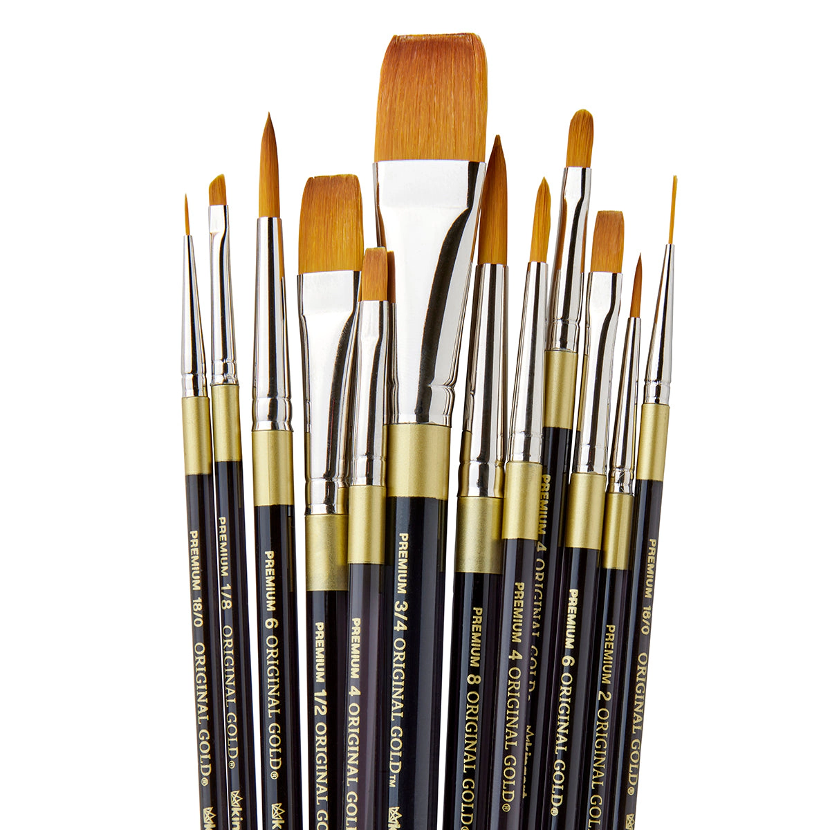 KINGART Original Gold Golden Taklon Brush Set 12 pc - Acrylic Handle, All-Media