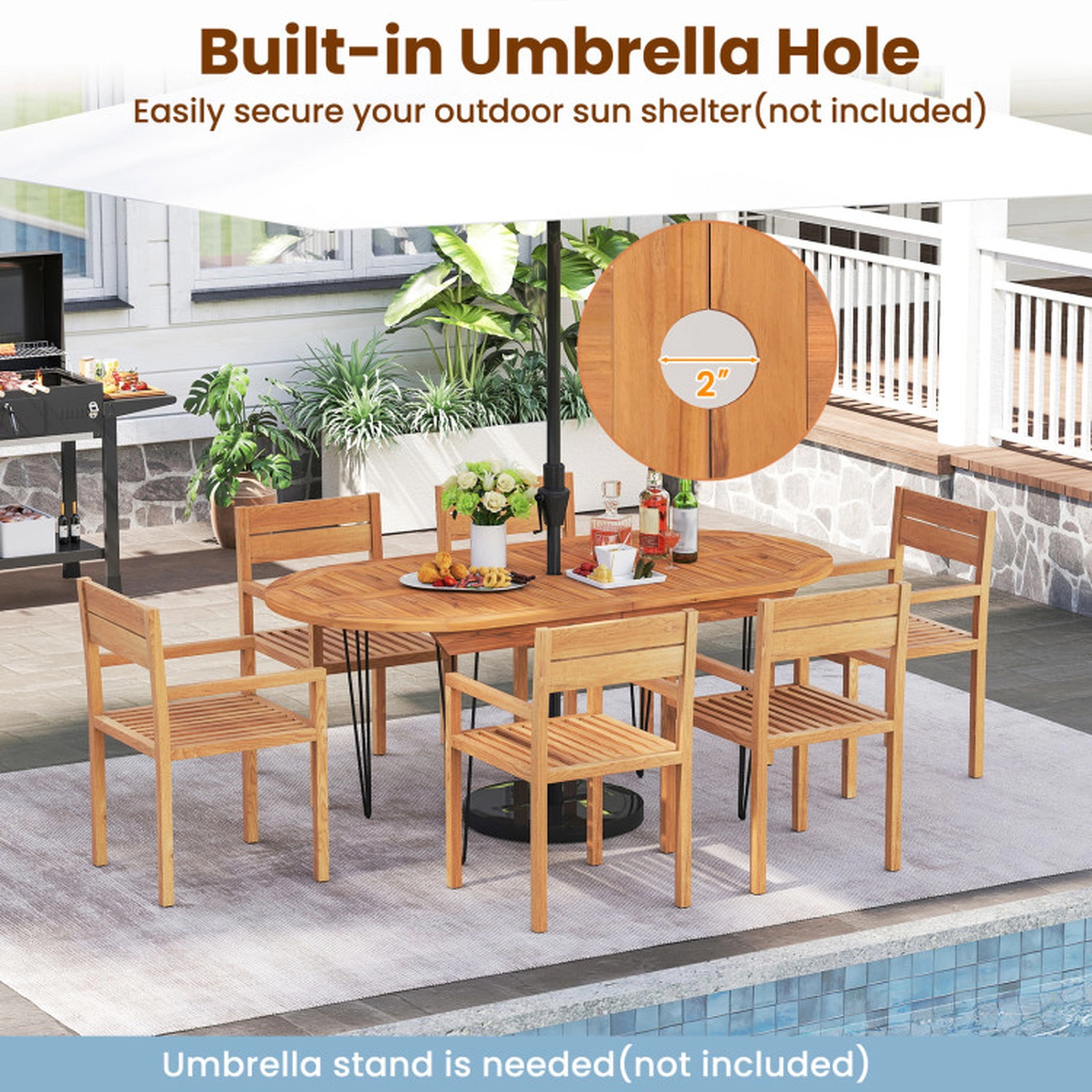 SUGIFT 6-Person Patio Dining Table with Teak Wood Tabletop 230-Lb Capacity 71-in Long Natural + Black 2-Piece Top