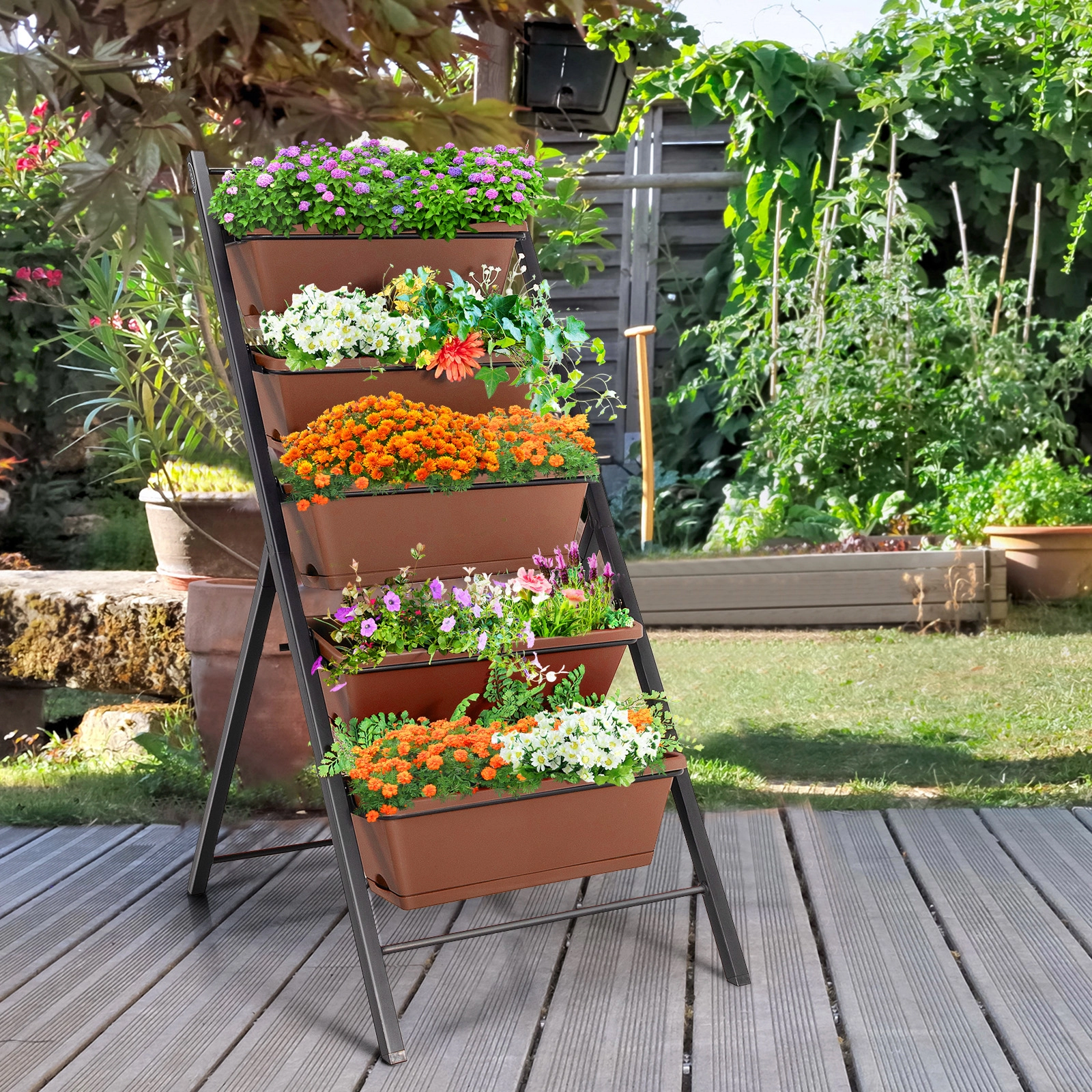 SUGIFT 5-Tier Vertical Garden Planter Box Elevated Raised Bed 22-lb Capacity Per Box Brown/Green