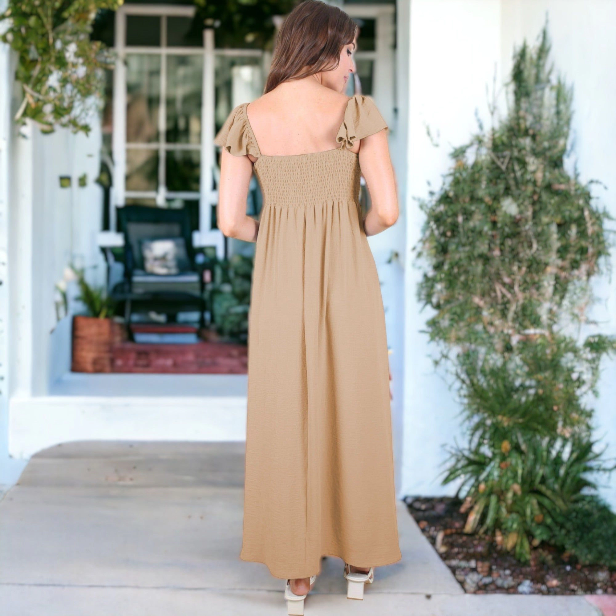 Anna-Kaci Womens Smocked Off-the-Shoulder Maxi Dress with Flutter Cap Sleeves
