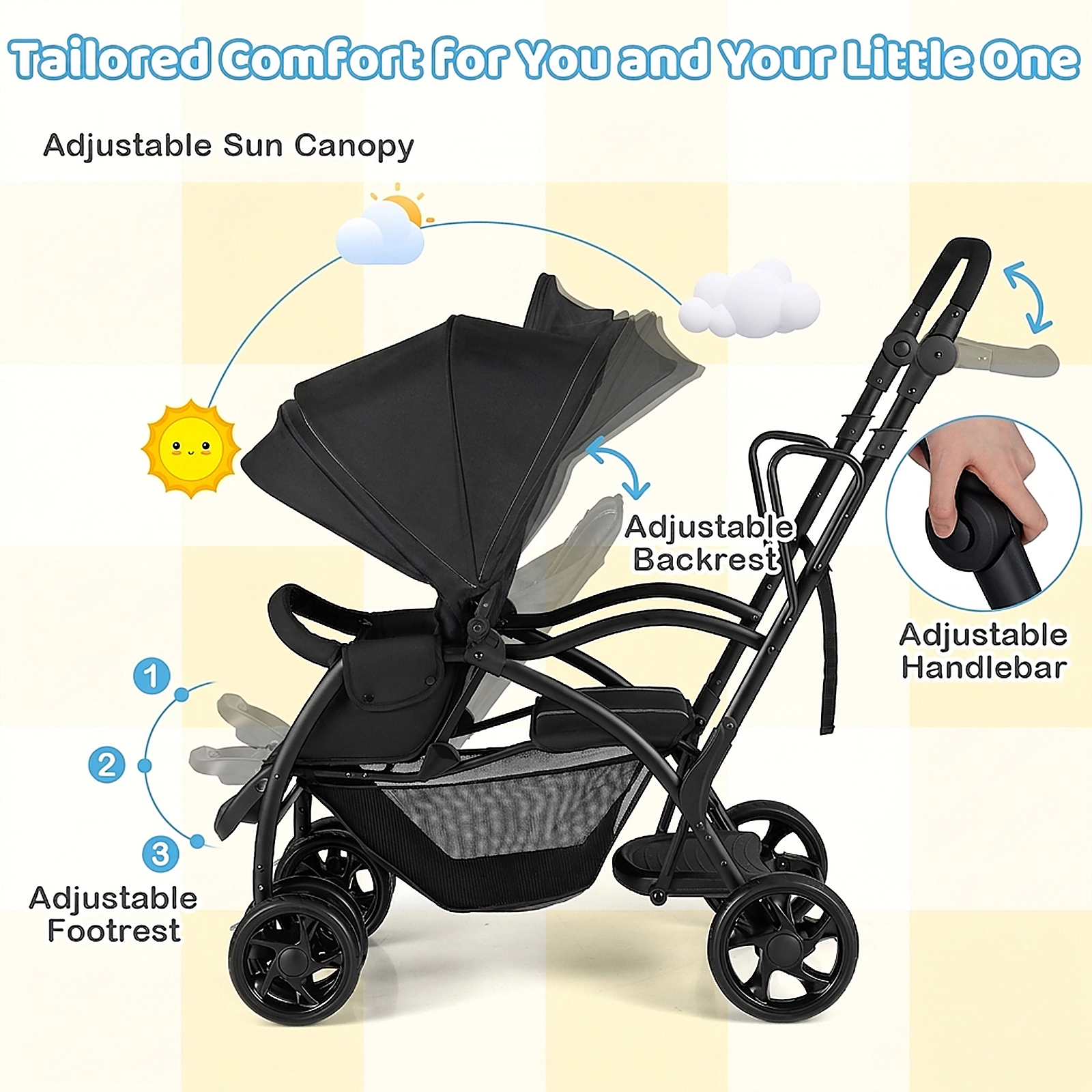 SUGIFT Black 33-lb Seat and 50-lb Platform Foldable Sit and Stand Twin Tandem Double Baby Stroller