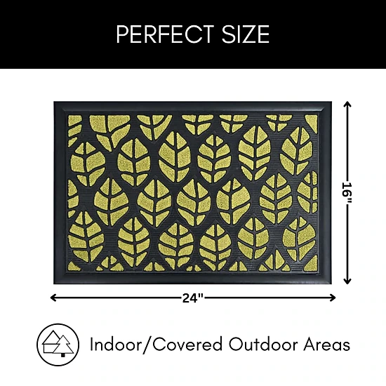 Evideco French Home Goods Green and Black Central Park Leaf Nylon Doormat 24 x 16 Inches
