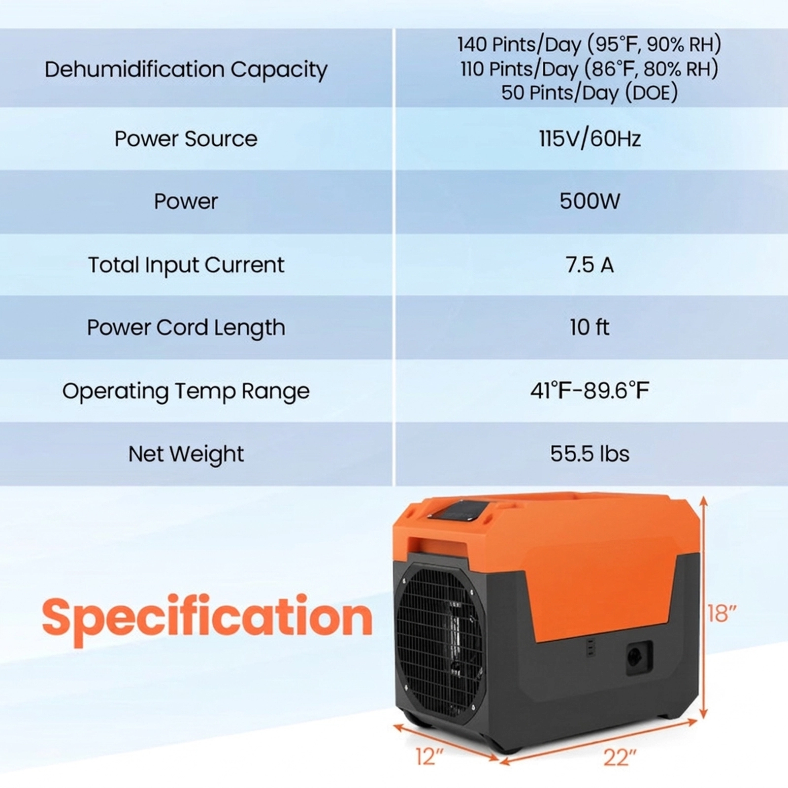 SUGIFT 140-Pint Commercial Dehumidifier with Pump and 16.5-ft Drain Hose for 1800 Sq Ft Spaces Orange