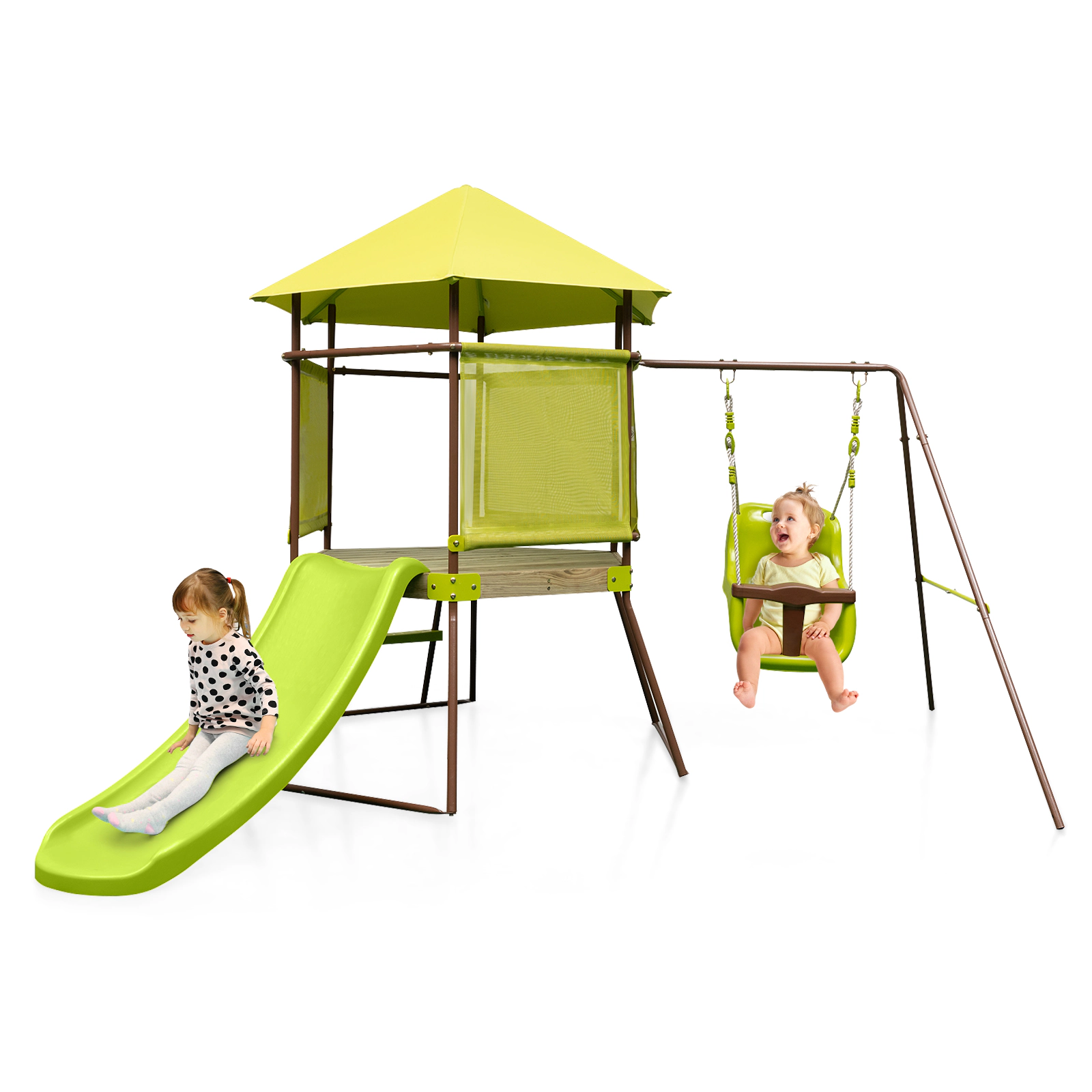 SUGIFT Kids Green 4-in-1 Swing Set with Playhouse Fort and Slide 7.5-ft W 6.7-ft D 5.5-ft H 200-lb Set Capacity
