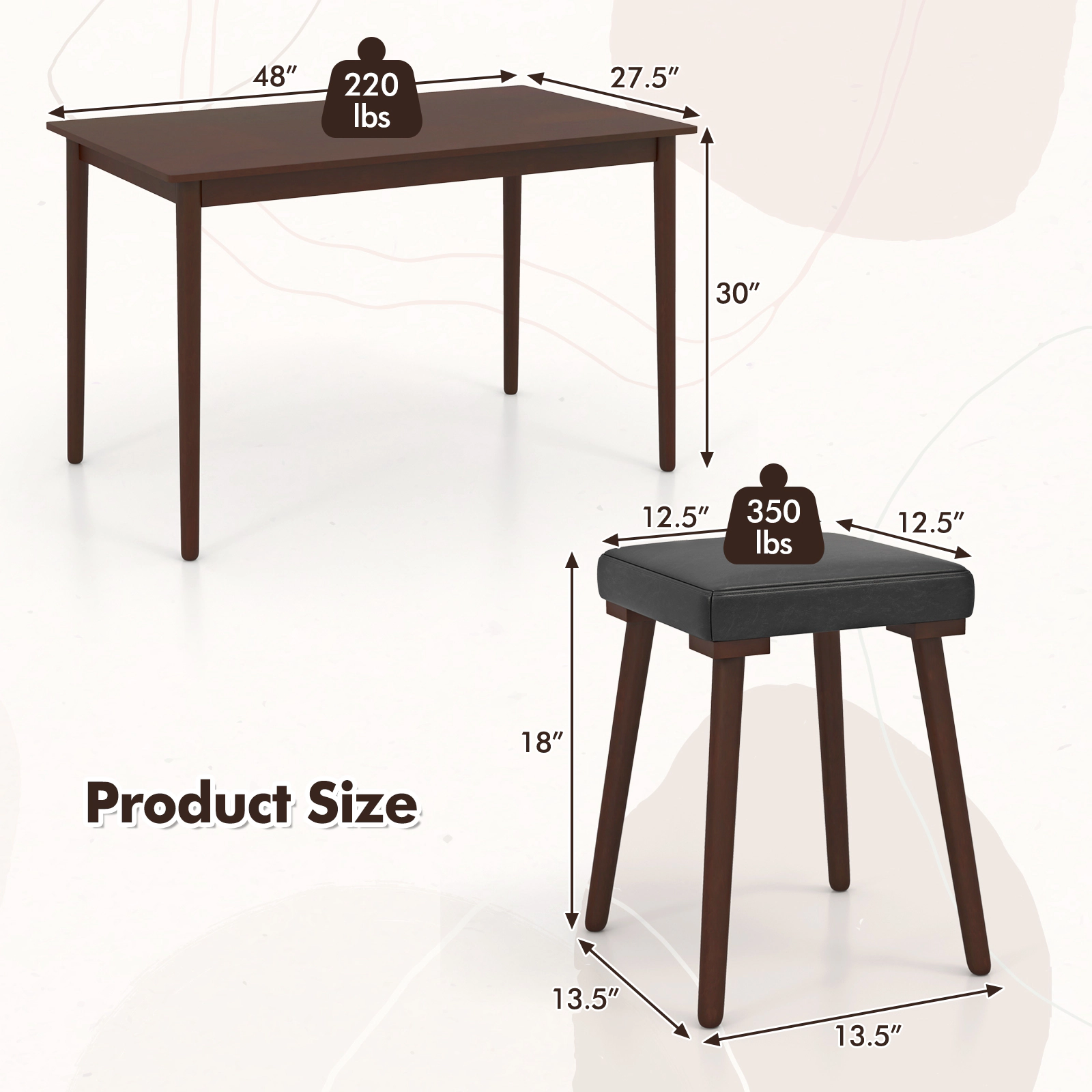 SUGIFT 5 Piece Dining Table Set for 4 with Upholstered PU Leather Stools 220-lb Tabletop 350-lb Seats 48 x 27.5-in Brown