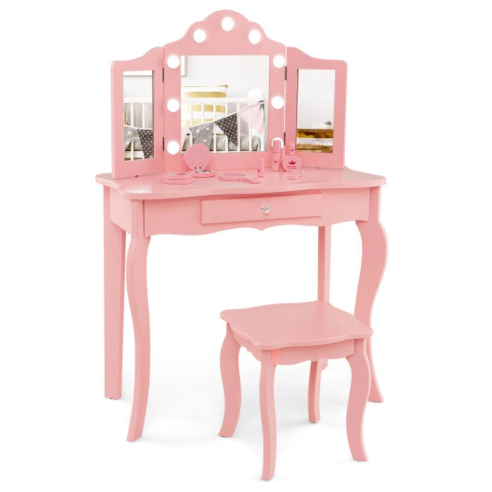 Hivvago Kid Vanity Table Stool Set With Tri-Folding Mirror And 3-Color Led Lights