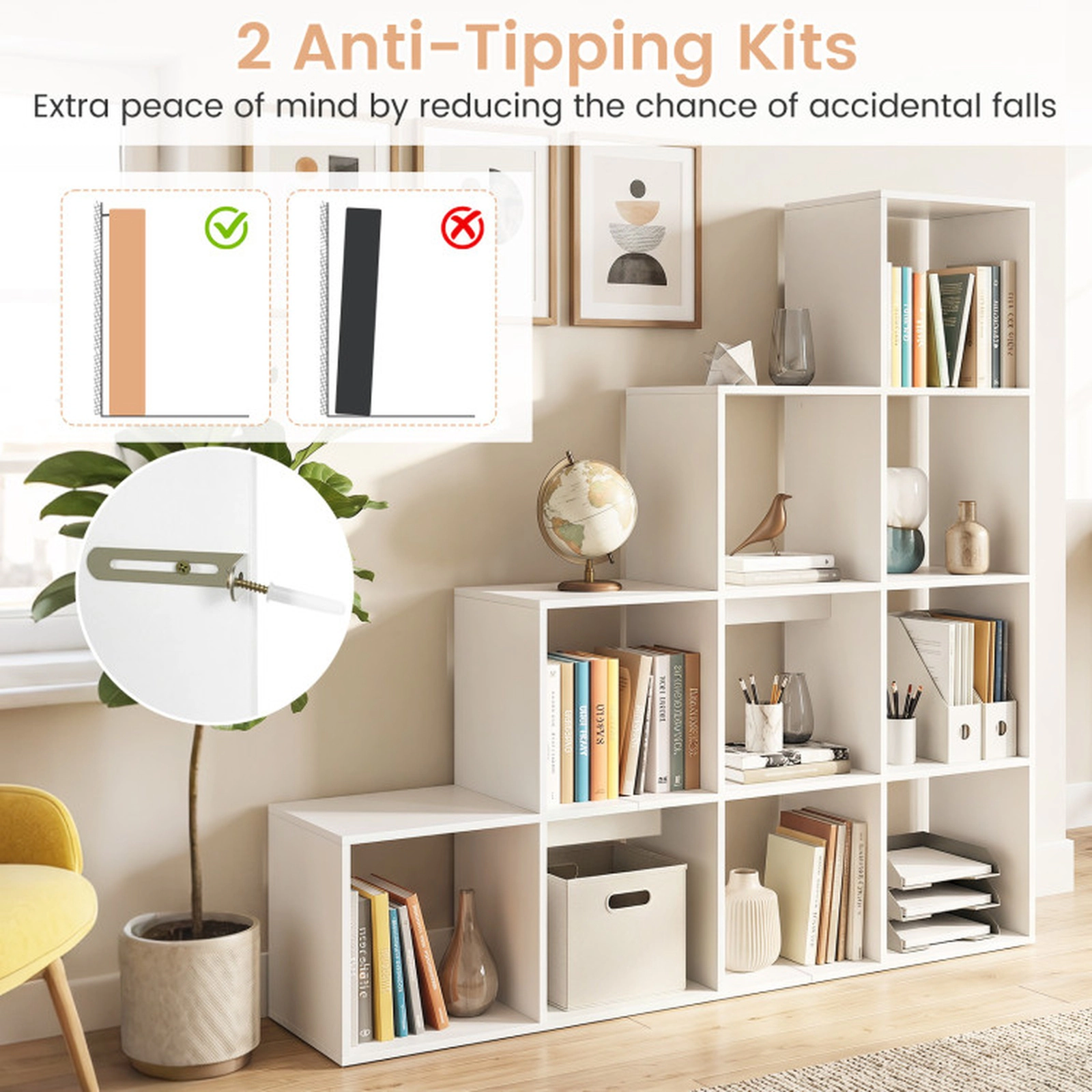 SUGIFT 4-Tier 10-Cube White 51-in Wide Open Display Bookshelf with 2 Anti-Tipping Kits for Study and Office