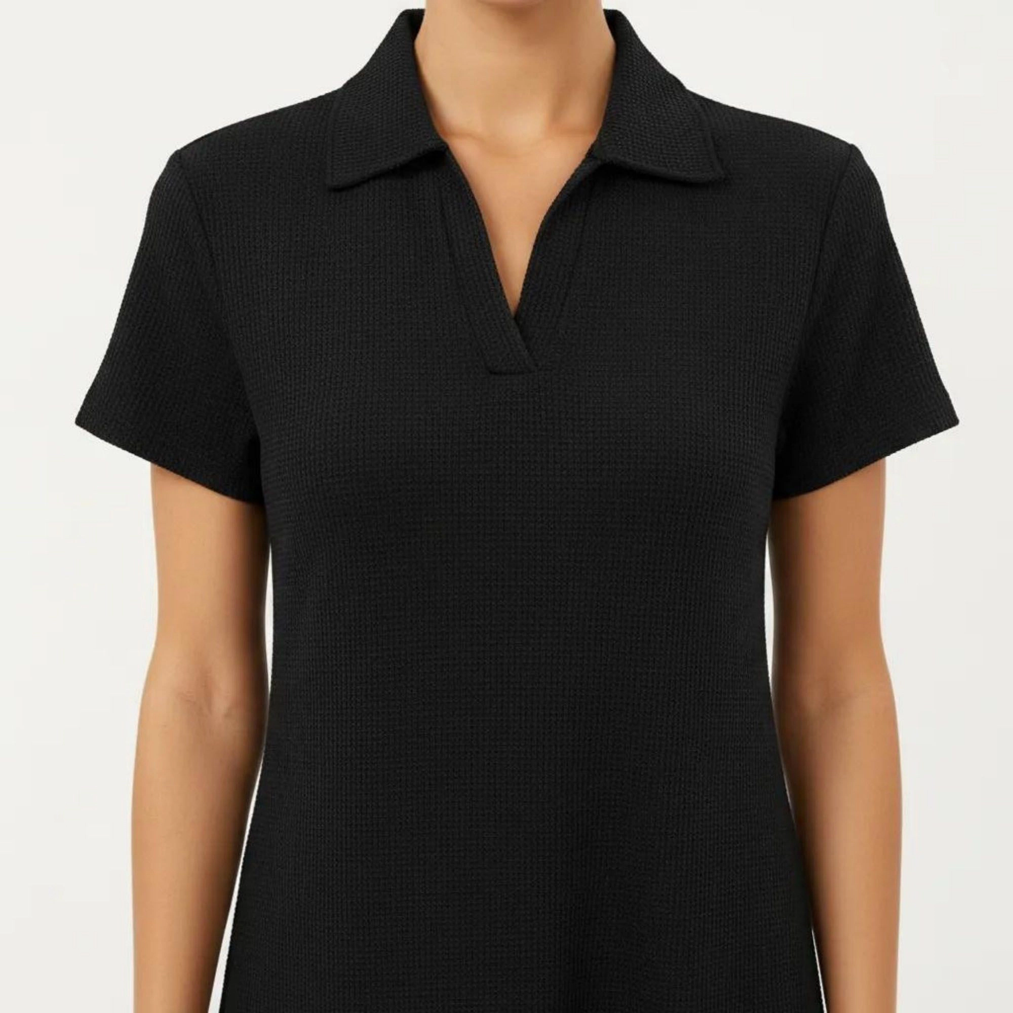 Anna-Kaci Women's Short Sleeve Collared Split V Neck Textured Knit Relaxed Fit Casual Mini Dress
