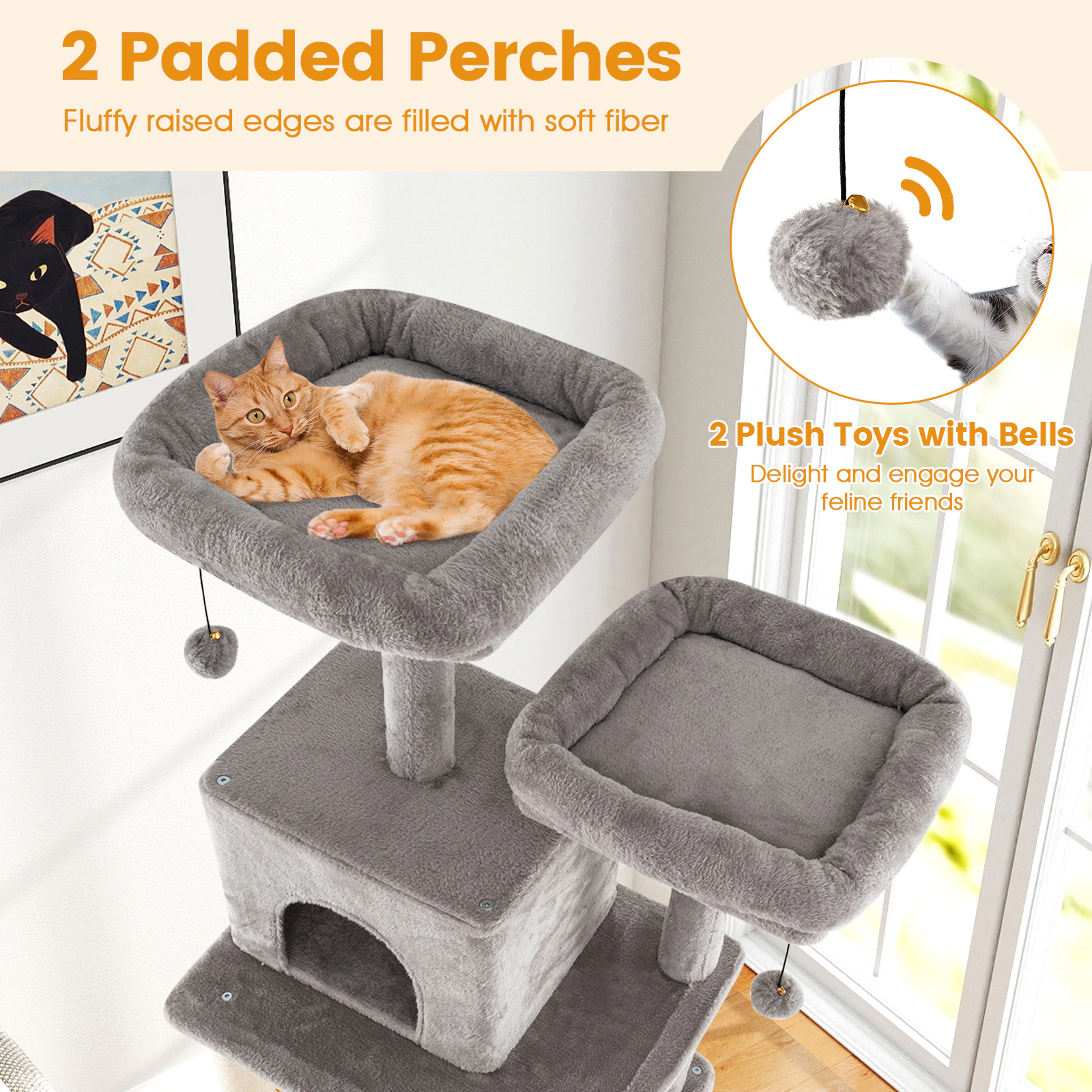 SUGIFT 84-in Large Cat Tree with 2 Condos, Hammock and Soft Plush Perches 22-lb Tier Capacity 36-in Wide Gray