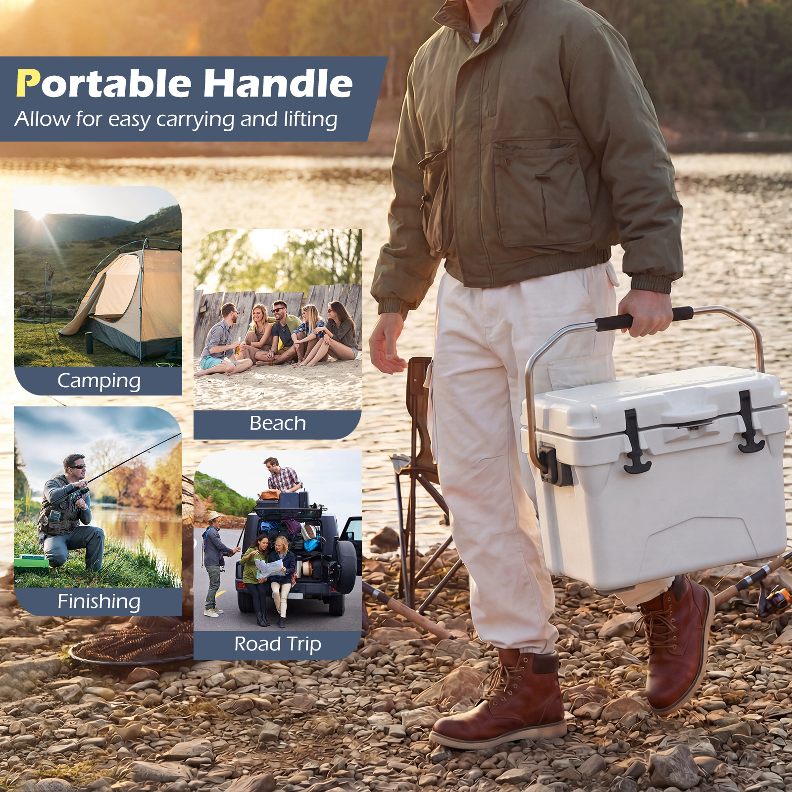 SUGIFT 20 Quart Portable Hard Cooler with Built-in Ruler and Bottle Opener 440-lb Capacity Gray/Khaki/White