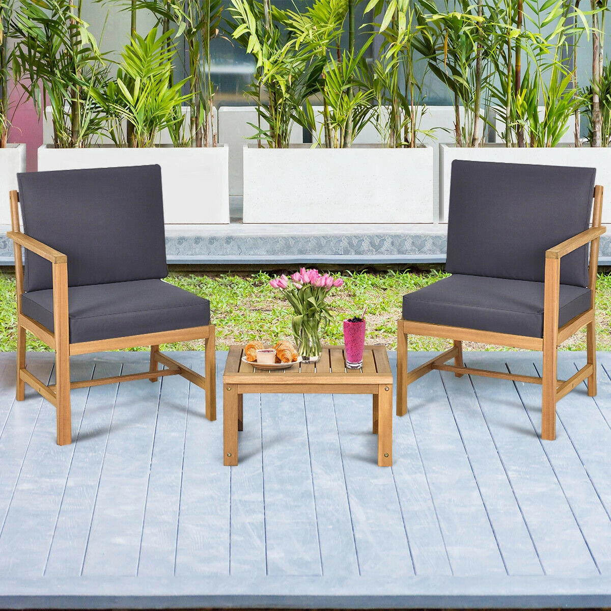 SUGIFT 3-in-1 Acacia Wood Loveseat Conversation Set with Separable Coffee Table 355-lb Chair Capacity Natural Teak