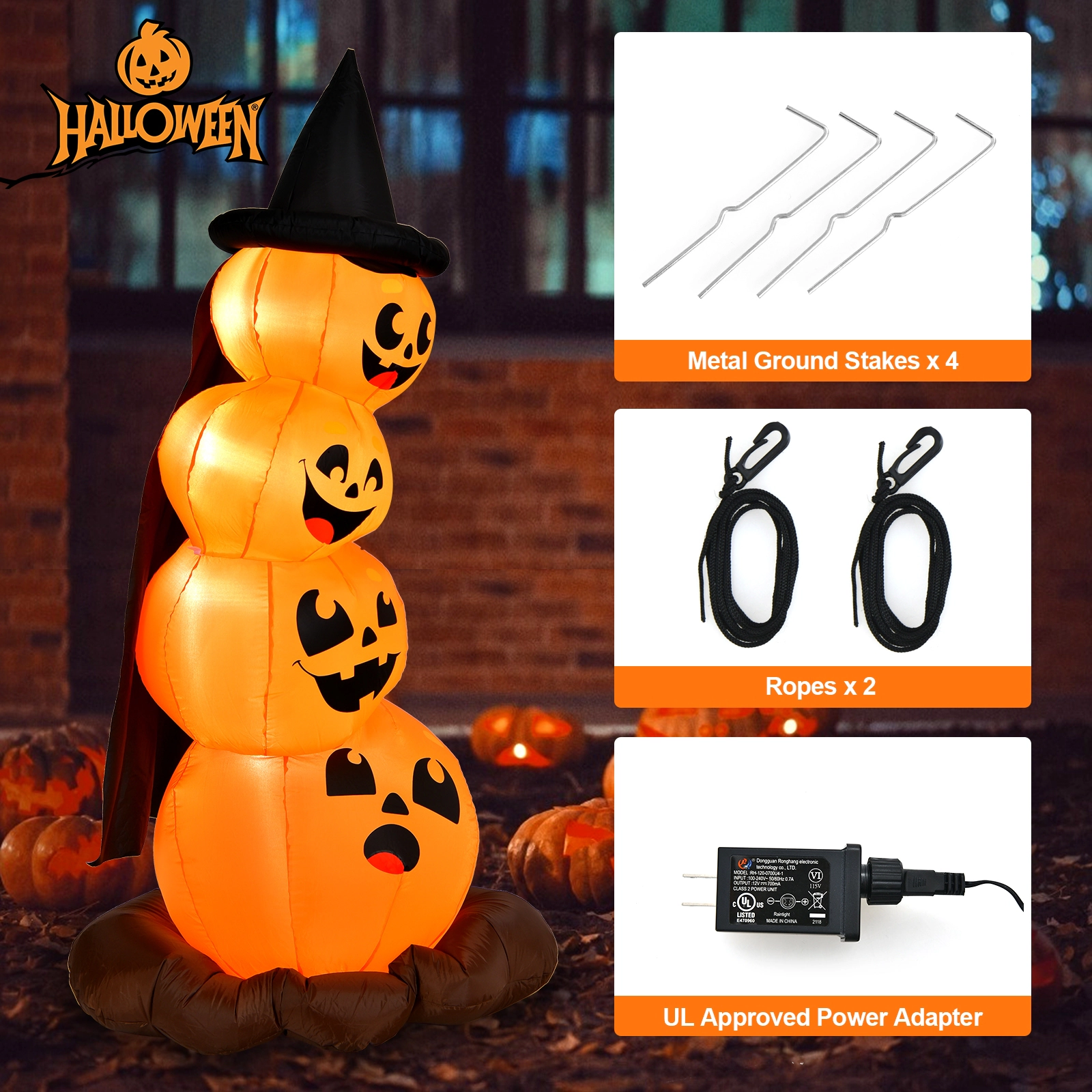 Glintex 7-Ft Halloween Inflatable Pumpkin Combo with Witch Hat and LED Lights, Multicolor