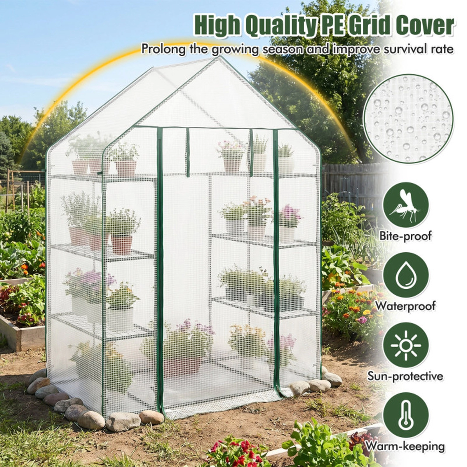 SUGIFT Portable Walk-in Greenhouse with 3 Tiers and 6 Shelves PE Cover Green