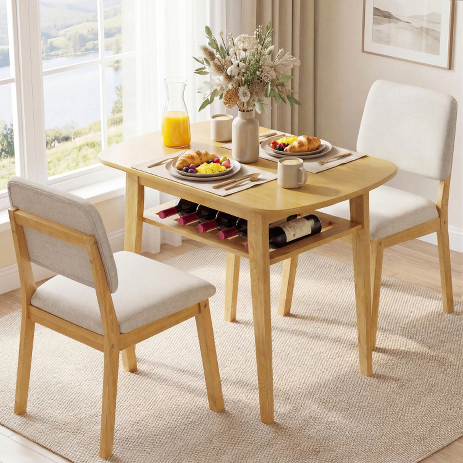 SUGIFT 3-Piece Wood Dining Table Set for 2 with Upholstered Chairs 220-lb Tabletop Capacity Beige and Natural