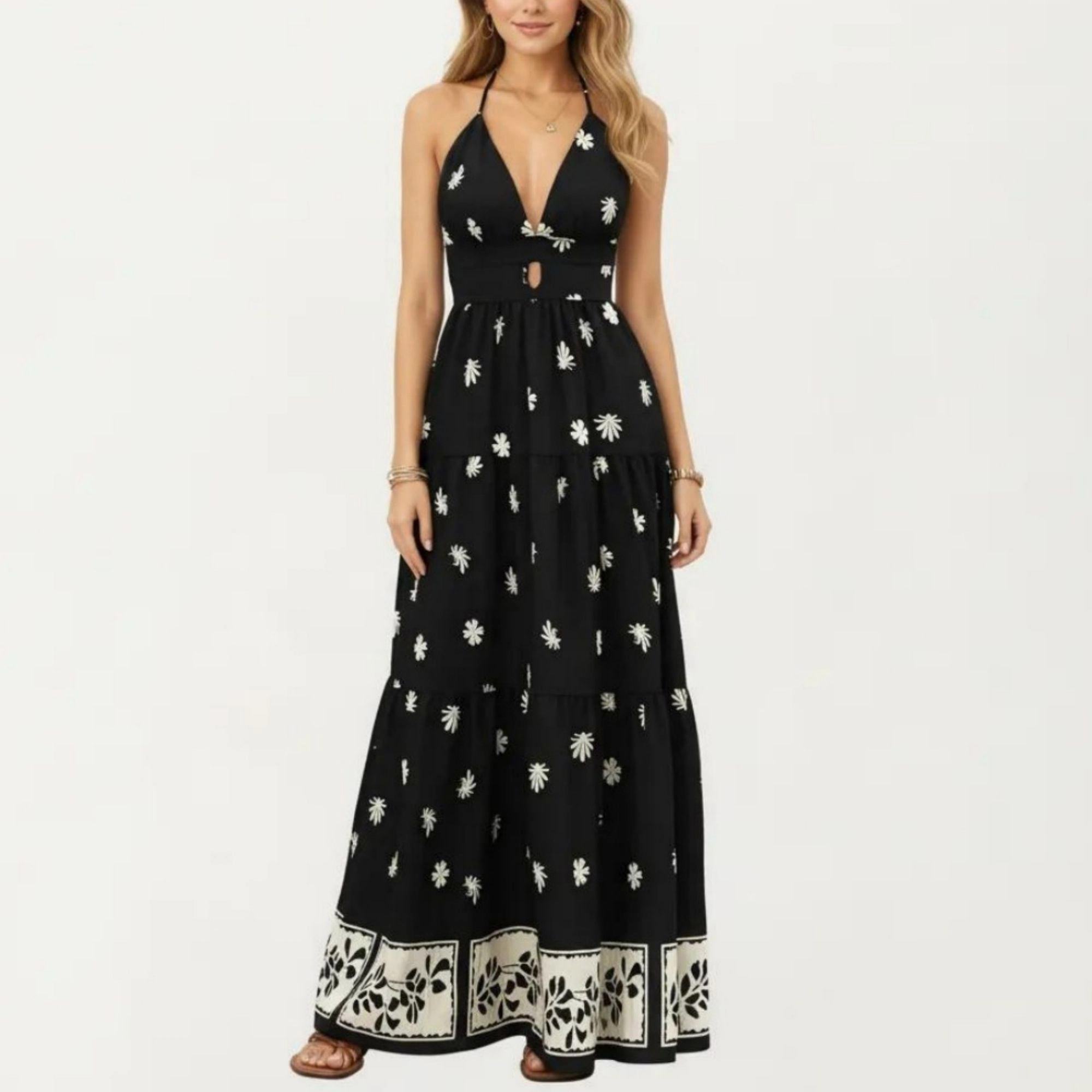 Anna-Kaci Women's Sleeveless Halter Neck Floral Print Keyhole Tiered Maxi Dress