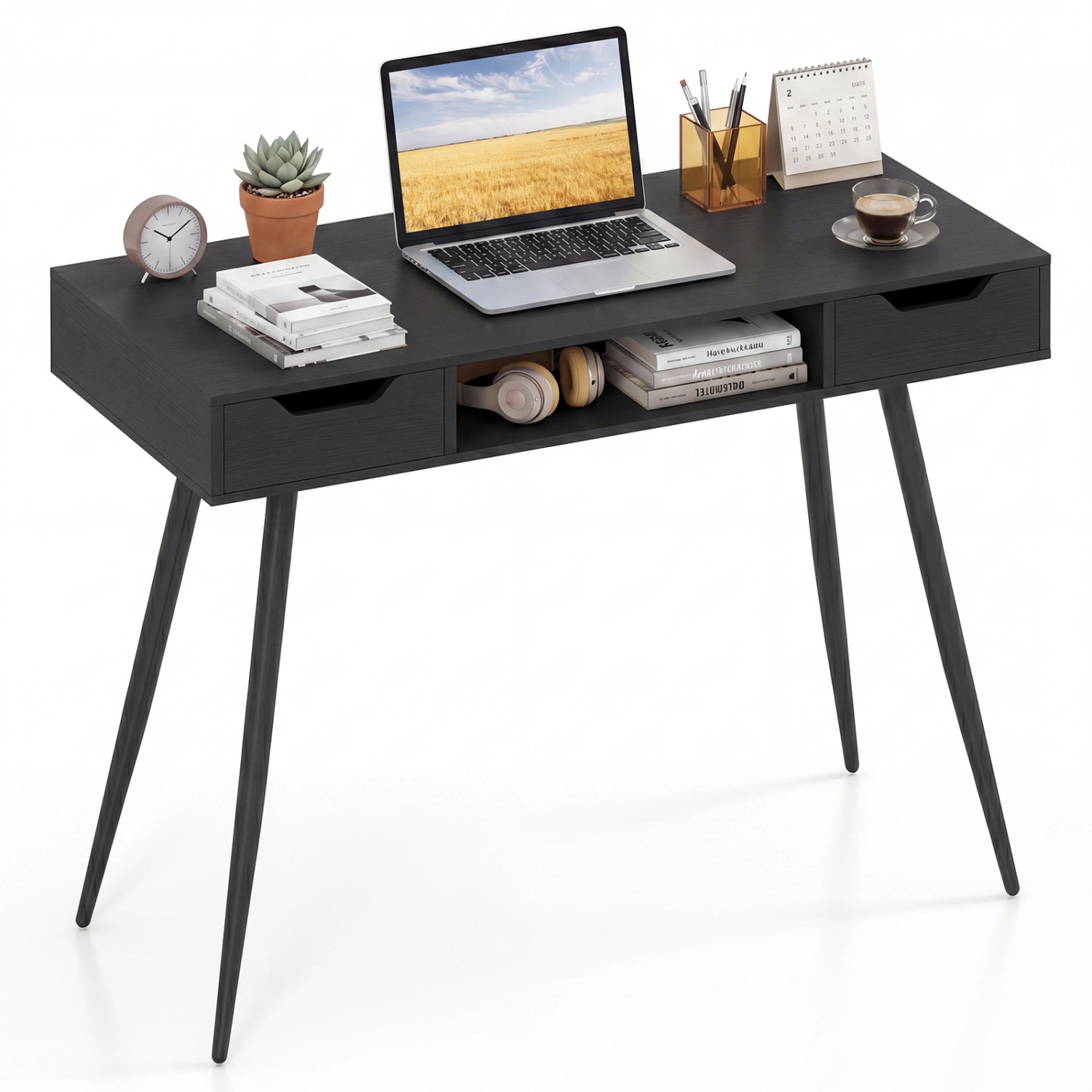 LJG 42.5" Mid Century Modern Writing Desk with Metal Leg and Drawers