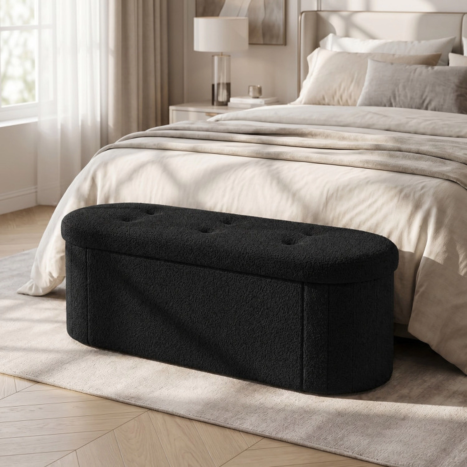 SUGIFT 43-in Teddy Fleece Storage Ottoman Bench with 3 Compartments 330-Lb Capacity Black for Living Room and Bedroom