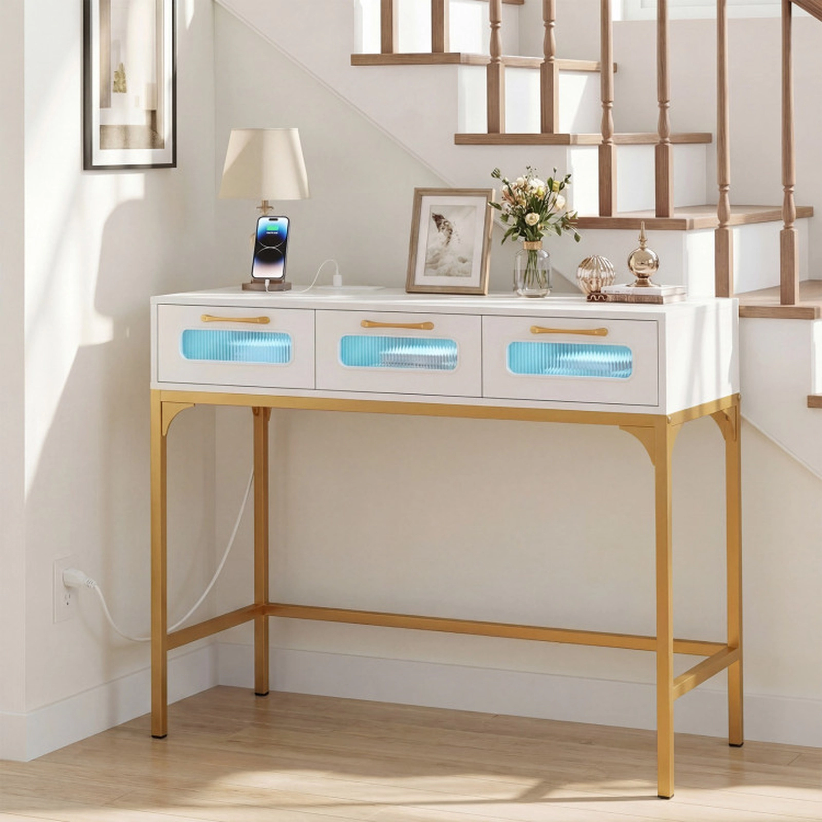 SUGIFT 3 Drawers LED Light Charging Station Gold Frame Console Table 35.5-in x 16-in x 29.5-in 100-lb Capacity White