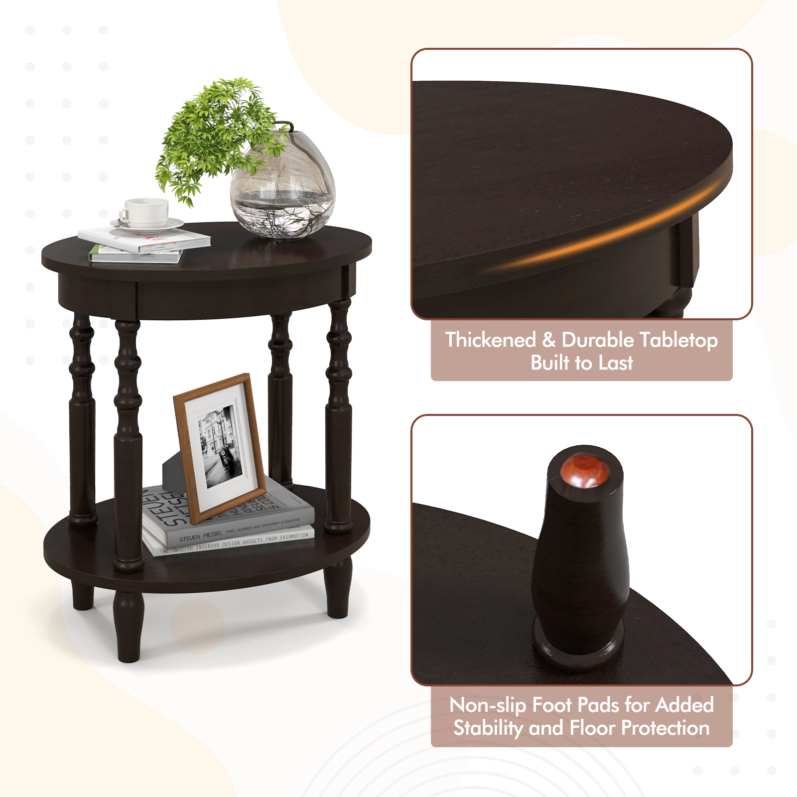 Glintex Oval 2-Tier Side Table with 245-Lb Thickened Top and Rubber Wood Legs