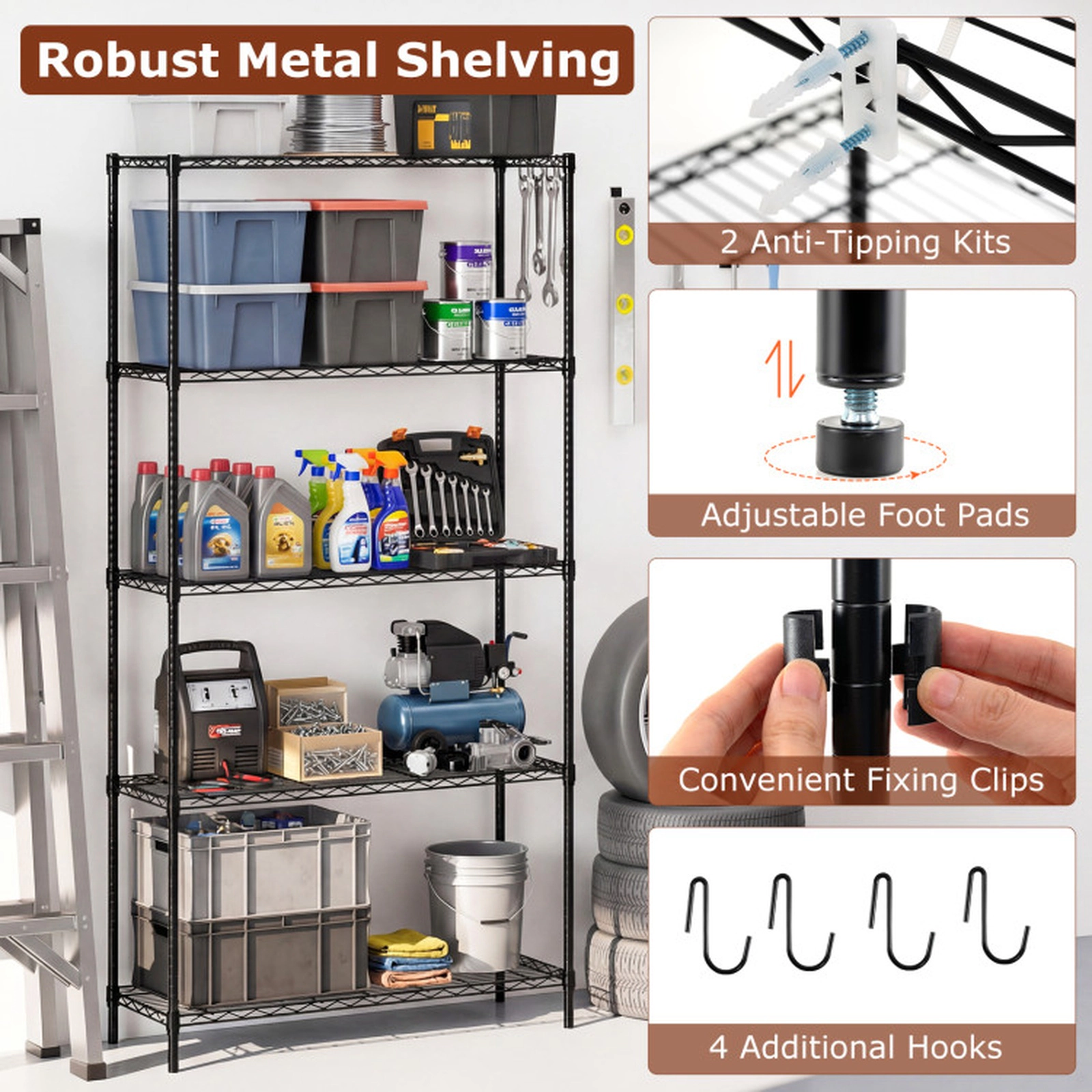 SUGIFT 5-Tier Adjustable Storage Shelving Unit with V-Shaped Wire Rack 1250-lb Total Capacity 250-lb Per Shelf Black