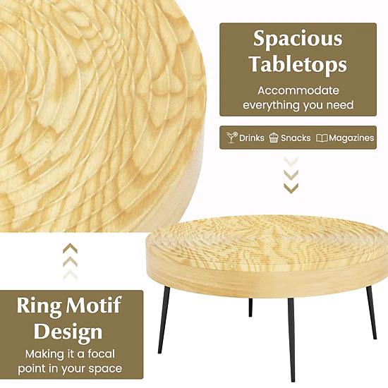 Glintex 2-Piece Solid Pine Round Coffee Table Set with Ripple-Pattern Tops, Natural