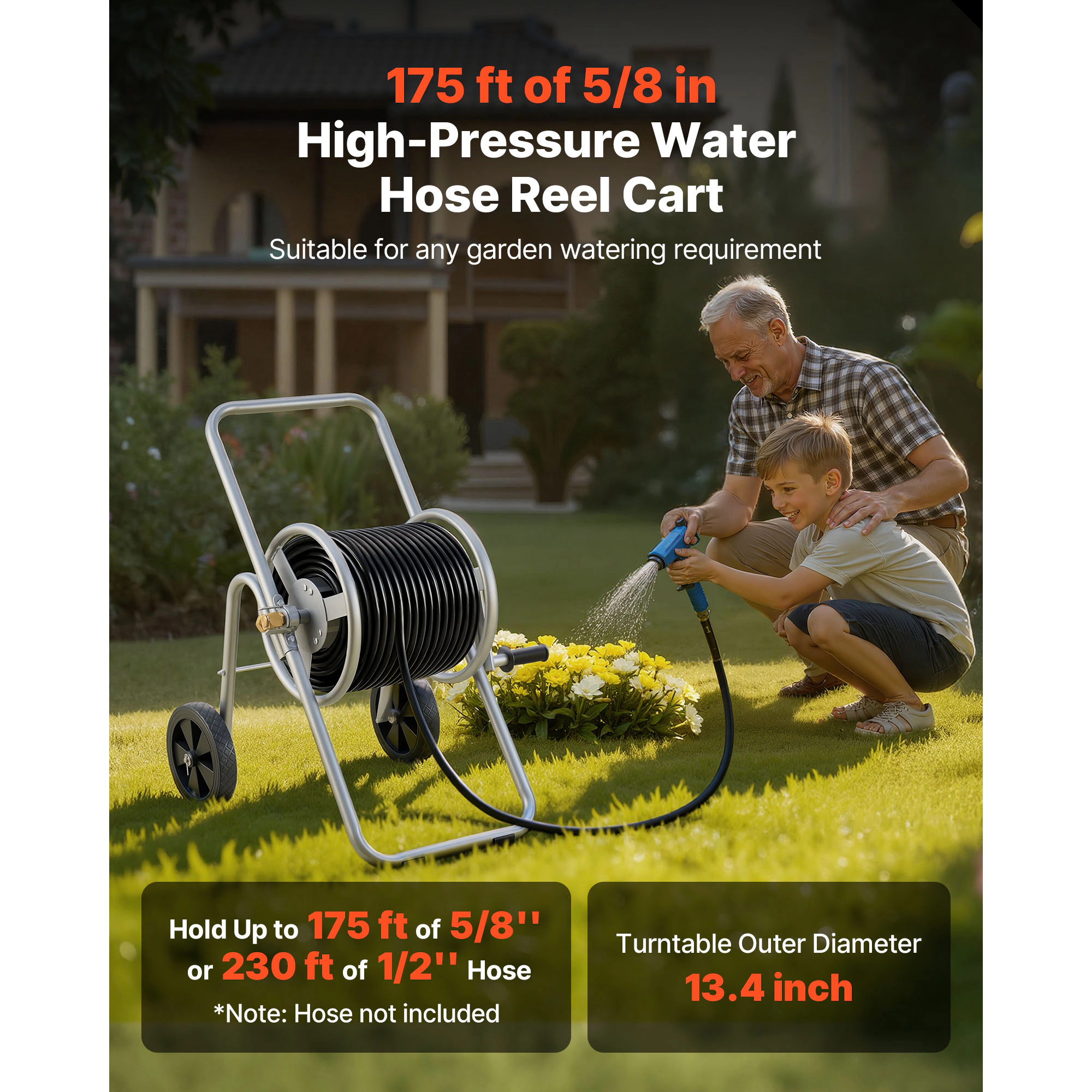 HONGGE Hose Reel Cart Hold of 5/8’’ Hose Garden Water Hose Carts Mobile Tools with 4 Wheels Heavy Duty Powder-coated