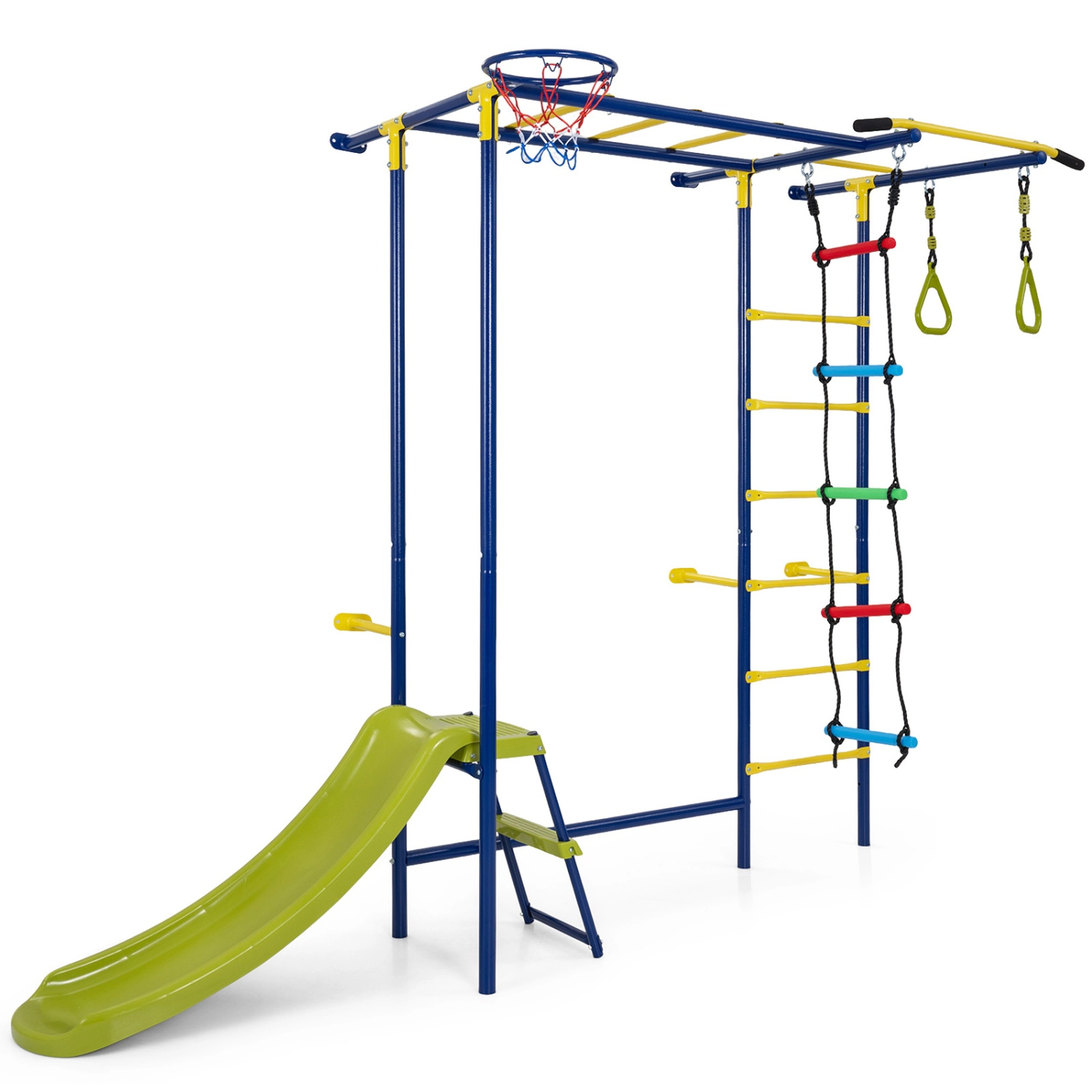 SUGIFT 7-in-1 Wall-Mounted Ladder Climber Playset with Monkey Bars Slide Rings and Rope Ladder Green Blue Yellow Red