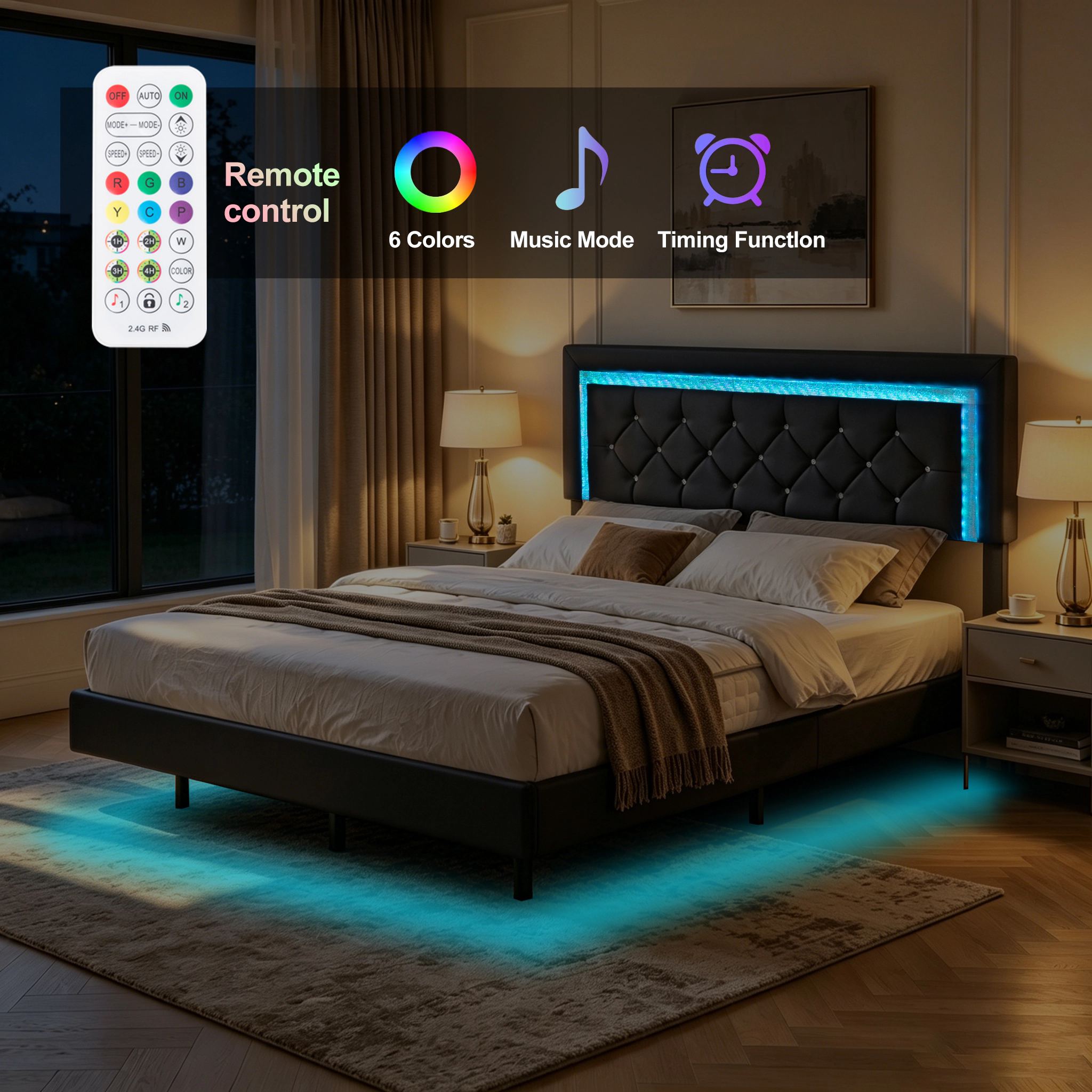 Flynama Queen Platform Bed with Adjustable LED Headboard (43-45"), RGB Lights, Black
