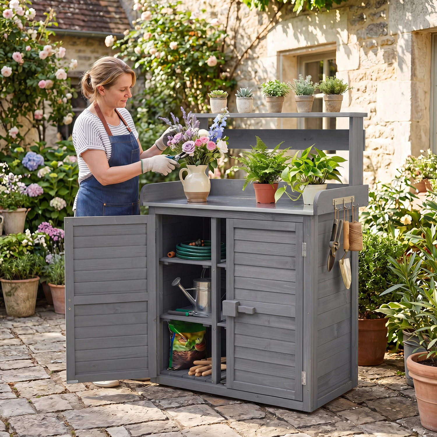 LJG Wood Plant Workstation with Stainless Steel Tabletop and Removable Shelves