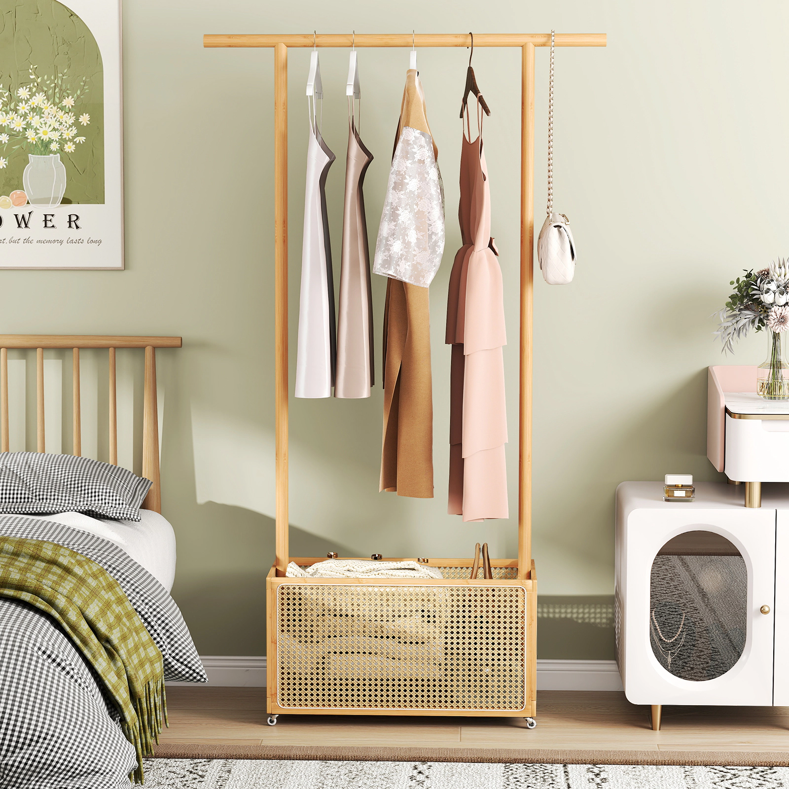 SUGIFT Bamboo Clothes Rack with Rattan Storage Basket and Wheels 45-lb Rod 65-lb Basket Capacity Natural & Brown