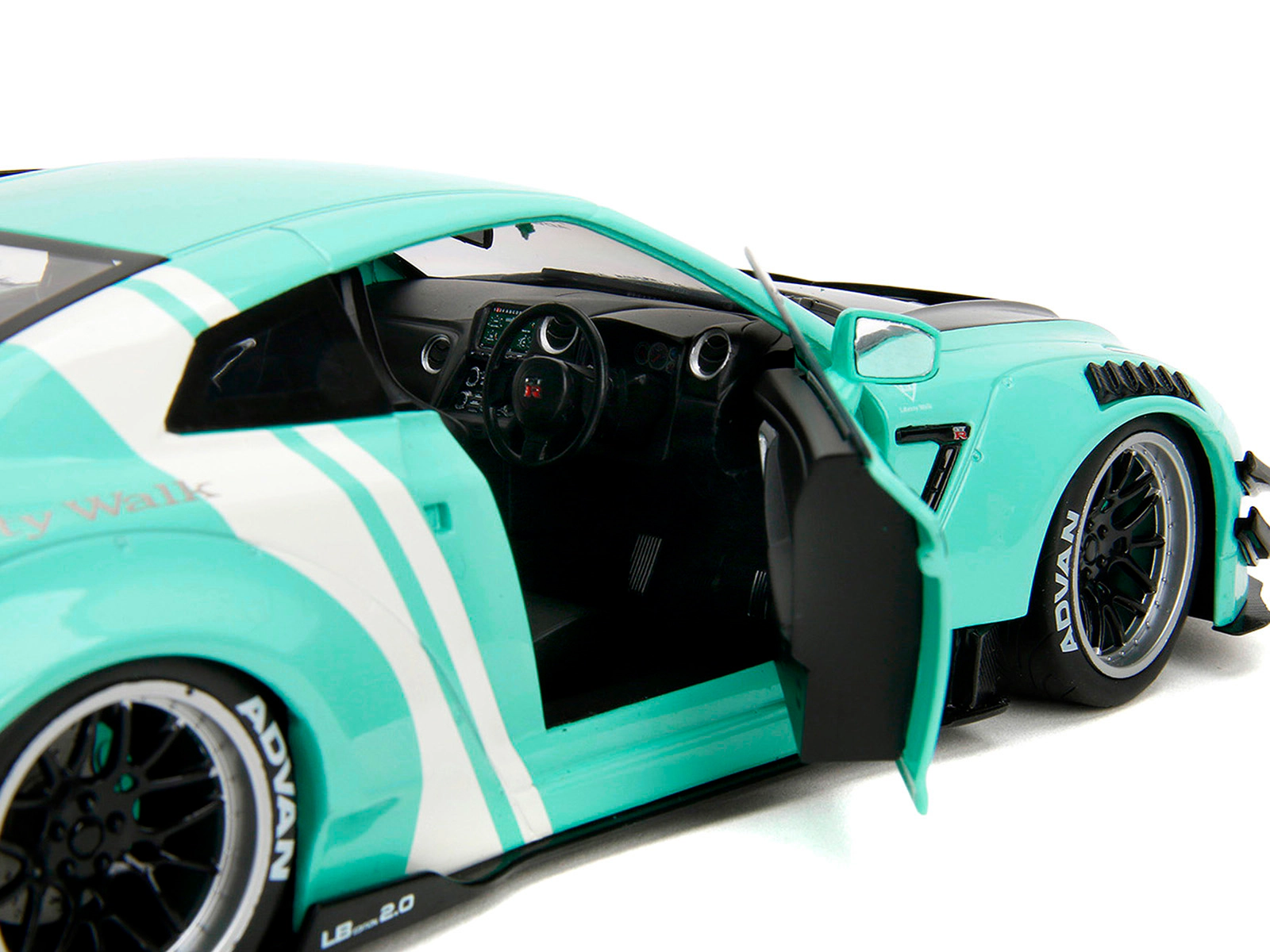 Jada Nissan GT-R (R35) Liberty Walk Body Kit 2.0 RHD (Right Hand Drive) Light Blue with Black Hood and White