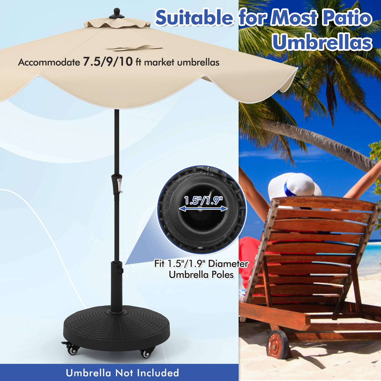 Slickblue Rolling Patio Umbrella Stand Base 50 lb Resin Steel 4 Swivel Lock Wheels Deck Garden