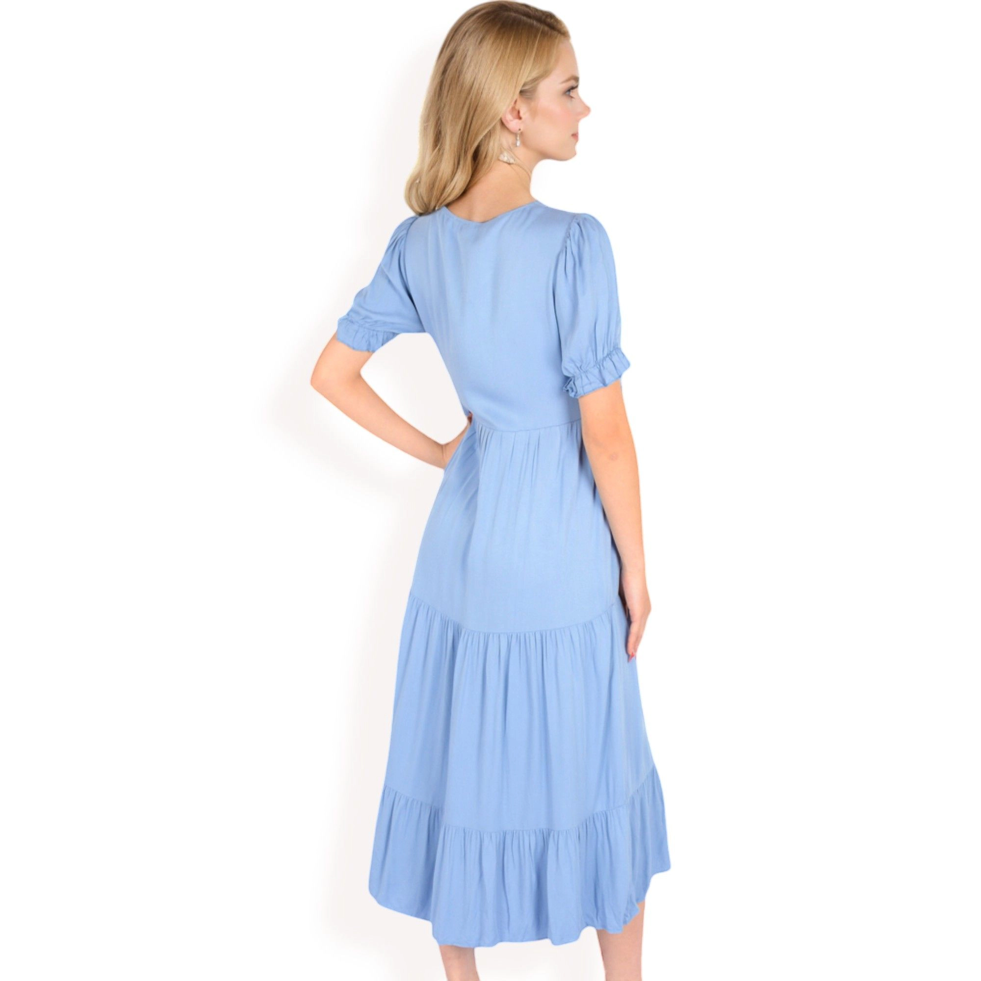 Anna-Kaci Women's Puff Sleeve Tiered Button Front Smocked Cuffs Midi Dress