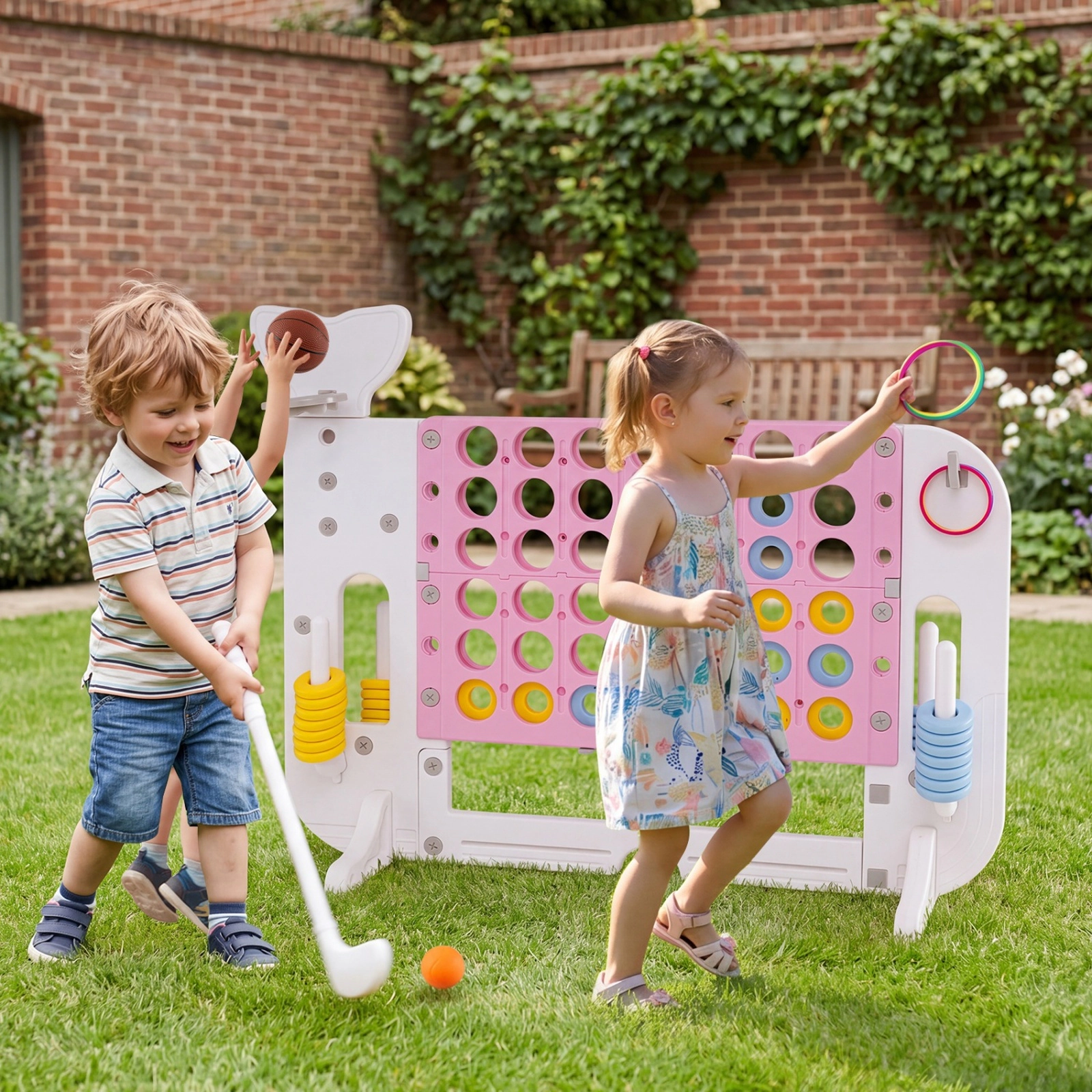 SUGIFT Integrated 4-Game Jumbo Connect Four Combo Game Set with Ring Toss and Basketball Pink Blue Gray Navy
