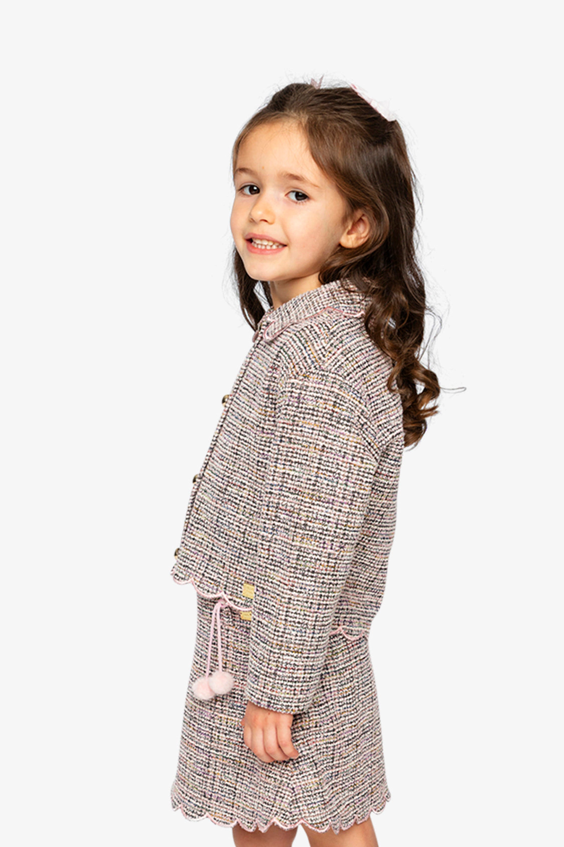 Deux par Girls Knit Short Jacket with Button Front and Scalloped Collar Hem
