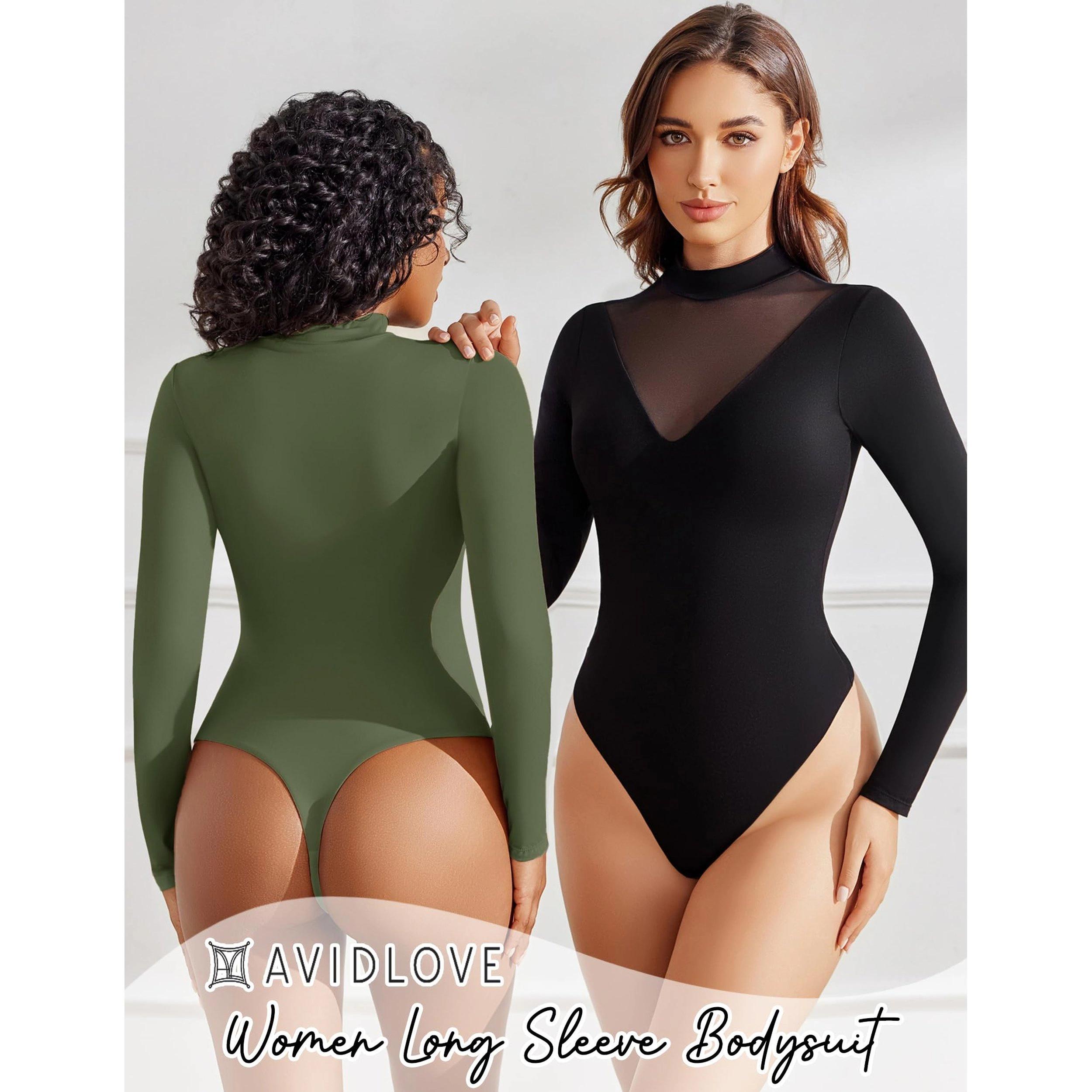 Avidlove Women's Mock Turtleneck Sheer Mesh V Panel Double Lined Long Sleeve Thong Bodysuit