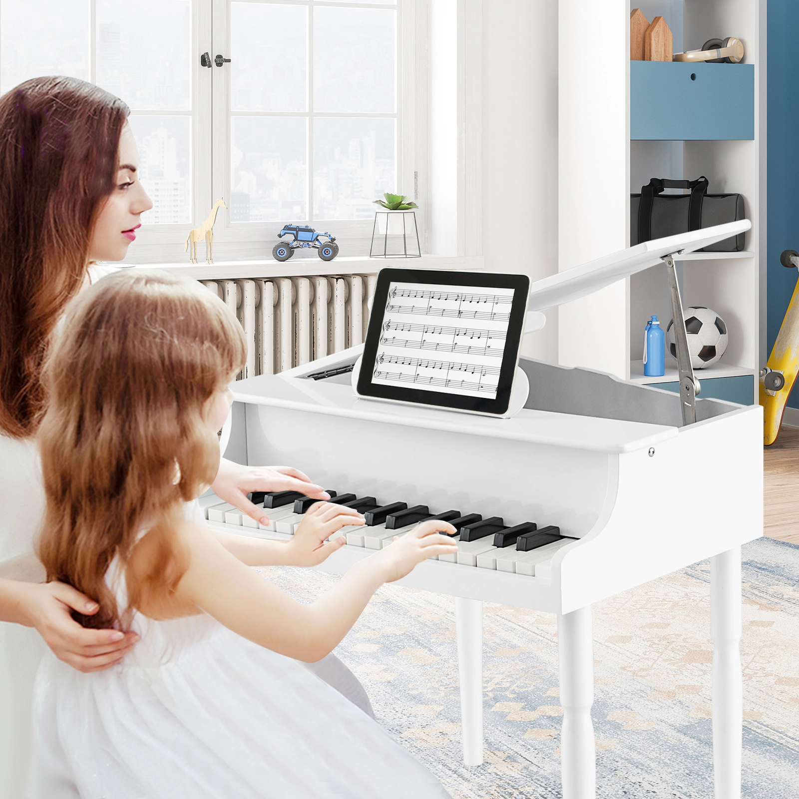 SUGIFT White 30-Key Wood Kids Grand Piano with Bench Music Rack and Child-Friendly Curved Angles