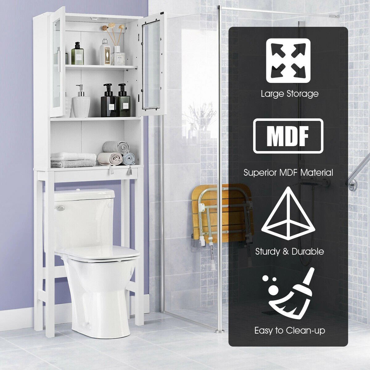 SlickBlue White Over Toilet Bathroom Storage Cabinet with Glass