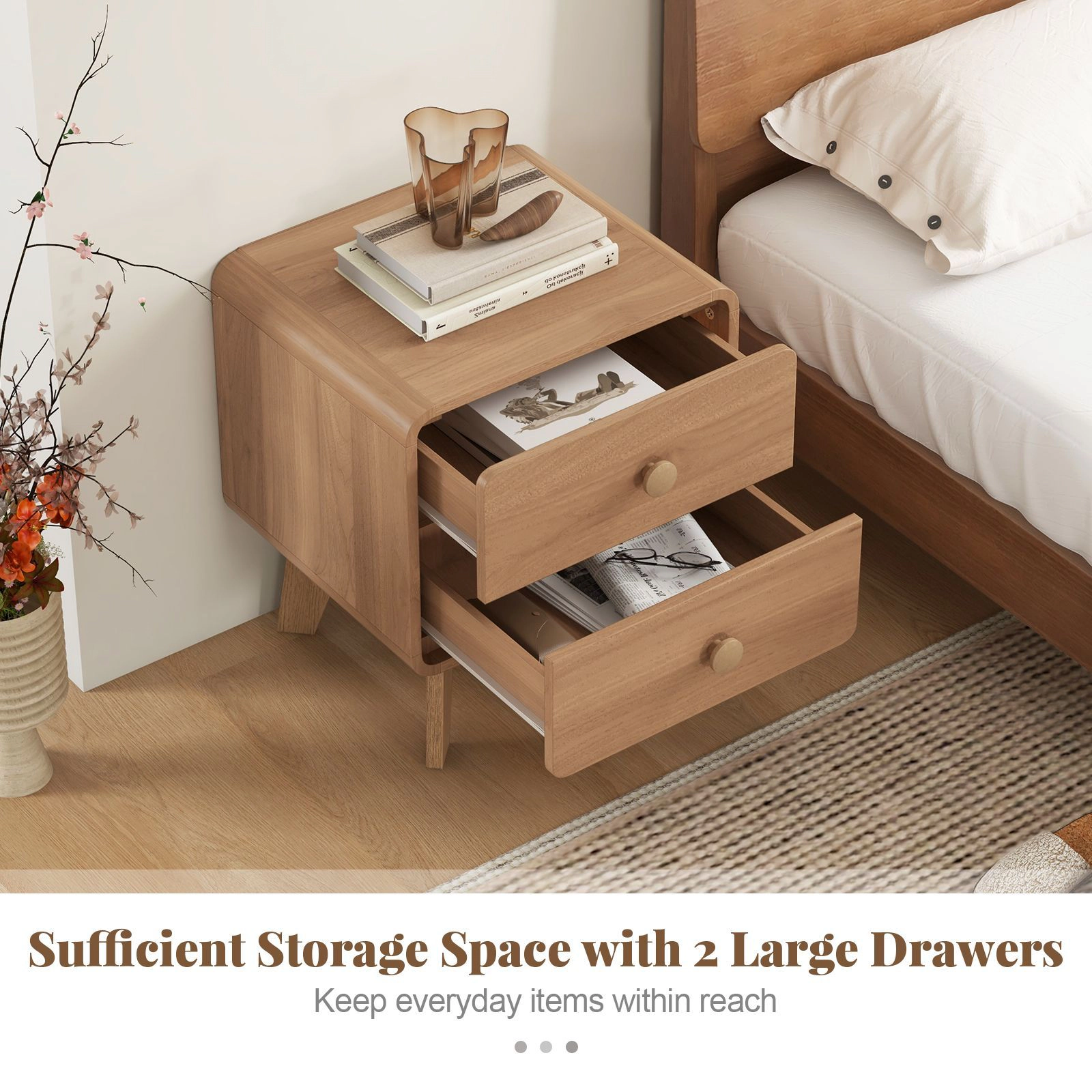 SlickBlue Modern 2-Drawer Nightstand with Solid Rubber Wood Legs