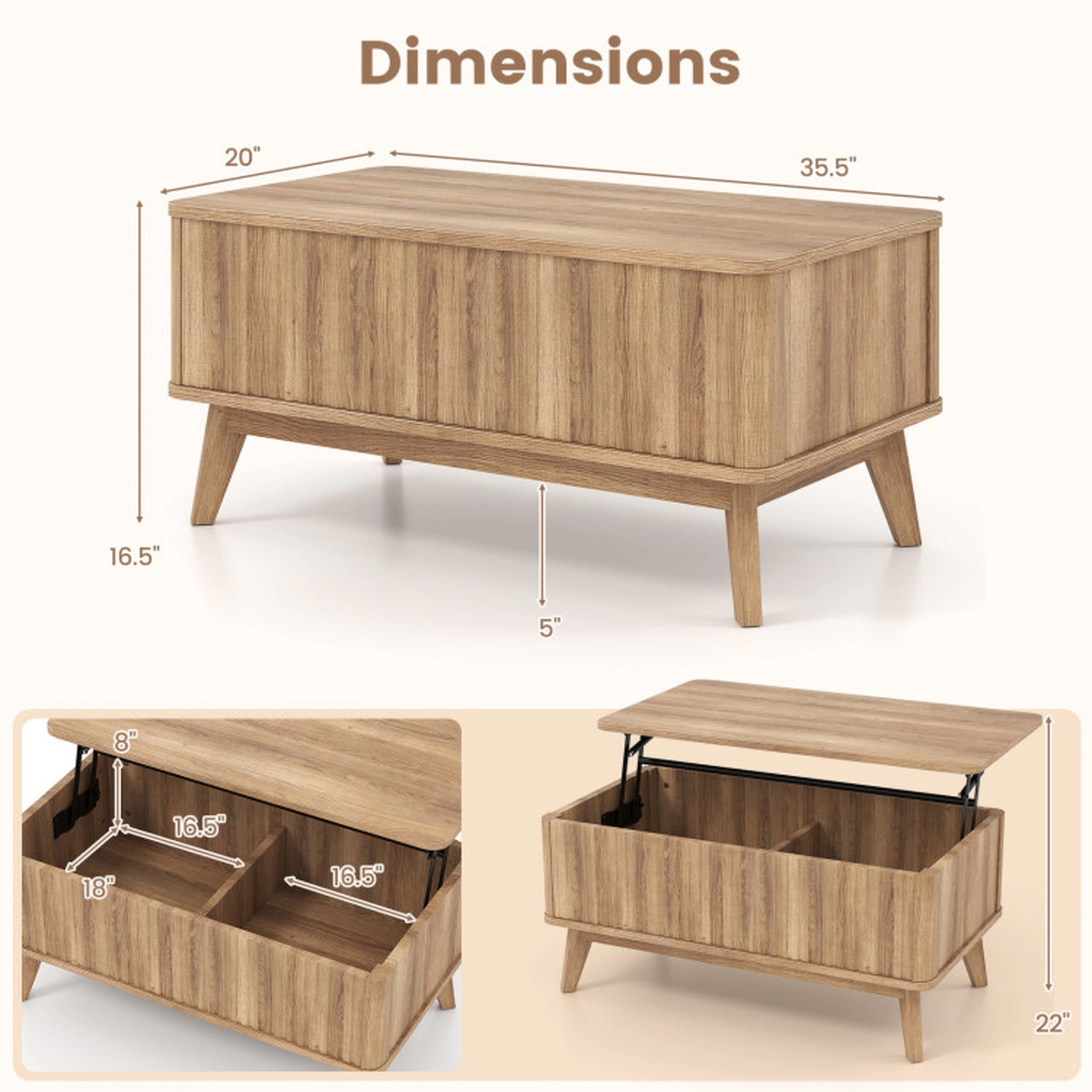SUGIFT Fluted Lift Top 2 Hidden Compartments Rubber Wood Coffee Table 35.5-in x 20-in x 16.5-in 220-lb Capacity Walnut