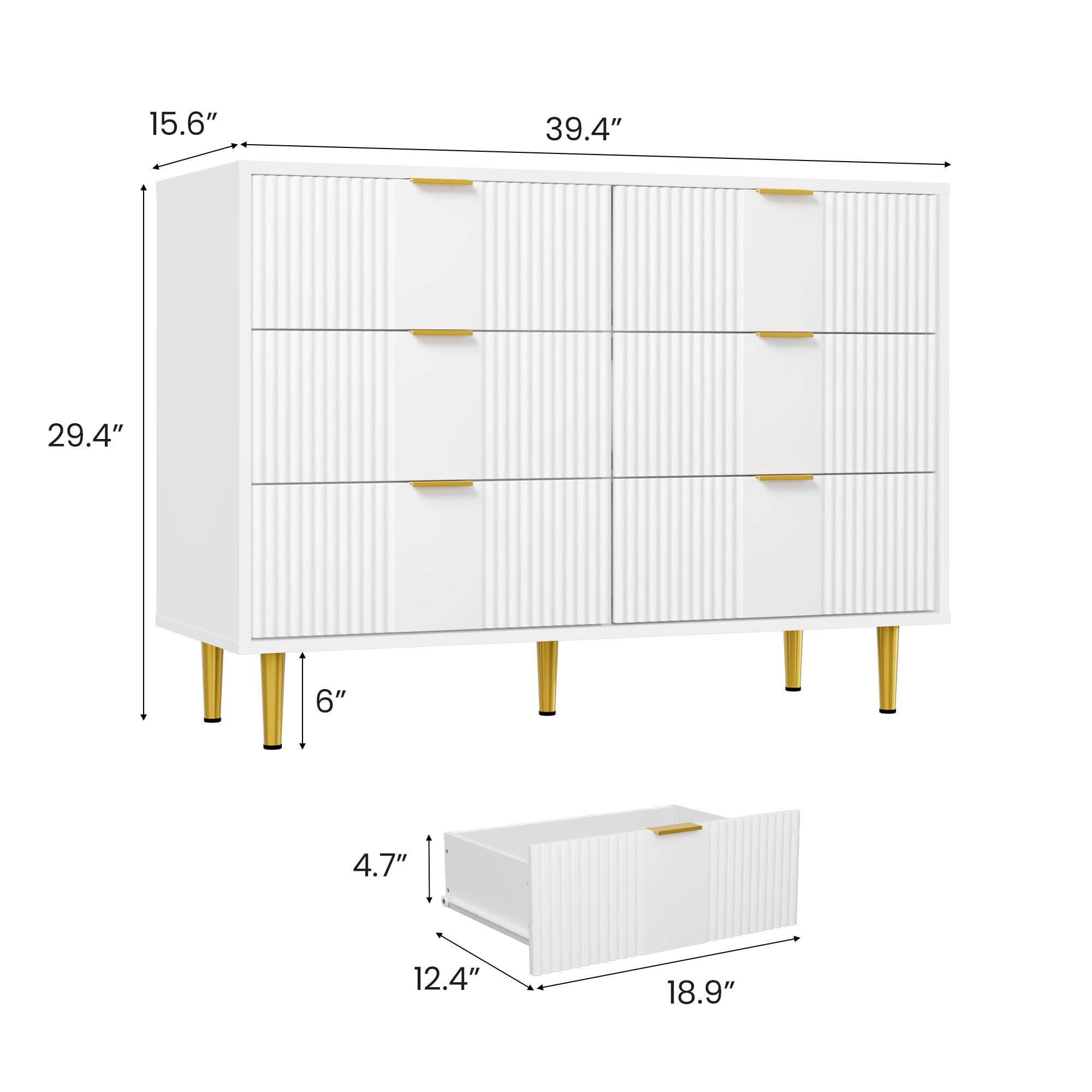 39.4" Fluted 6 Drawer Dresser with Metal Handles, Modern Wood Storage Chest for Bedroom