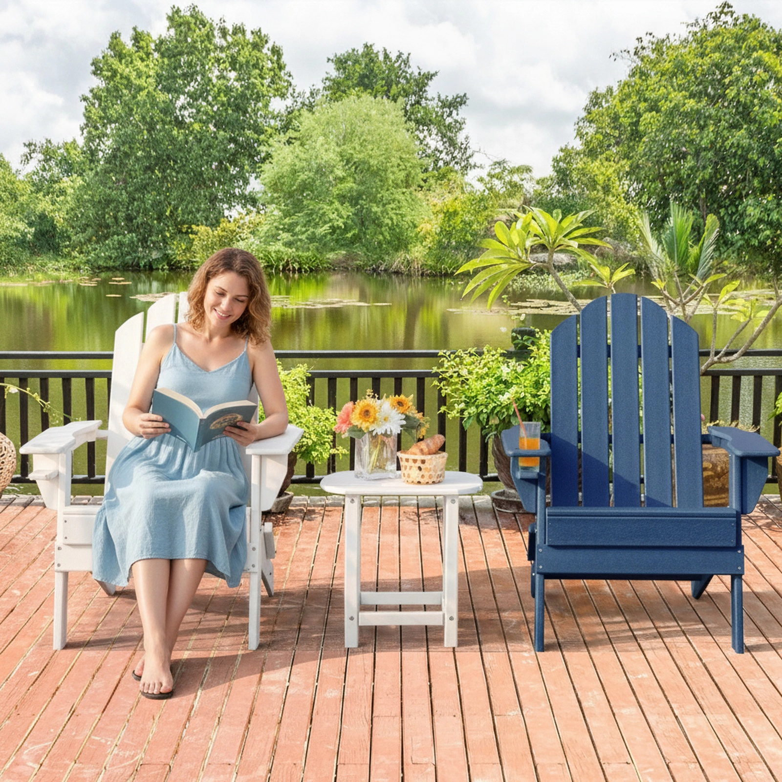 SUGIFT Foldable Patio Chair, Navy, Built-In Cup Holder, Fade-Resistant PE, 330 lb Capacity