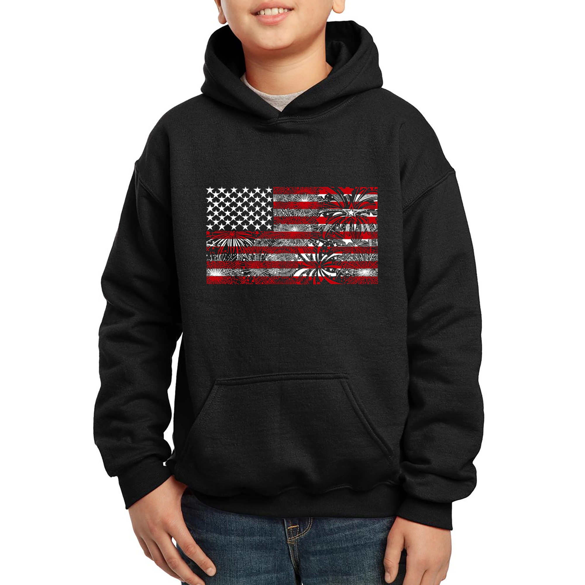 LA Pop Art Boy's Word Hoodie - Fireworks American Flag